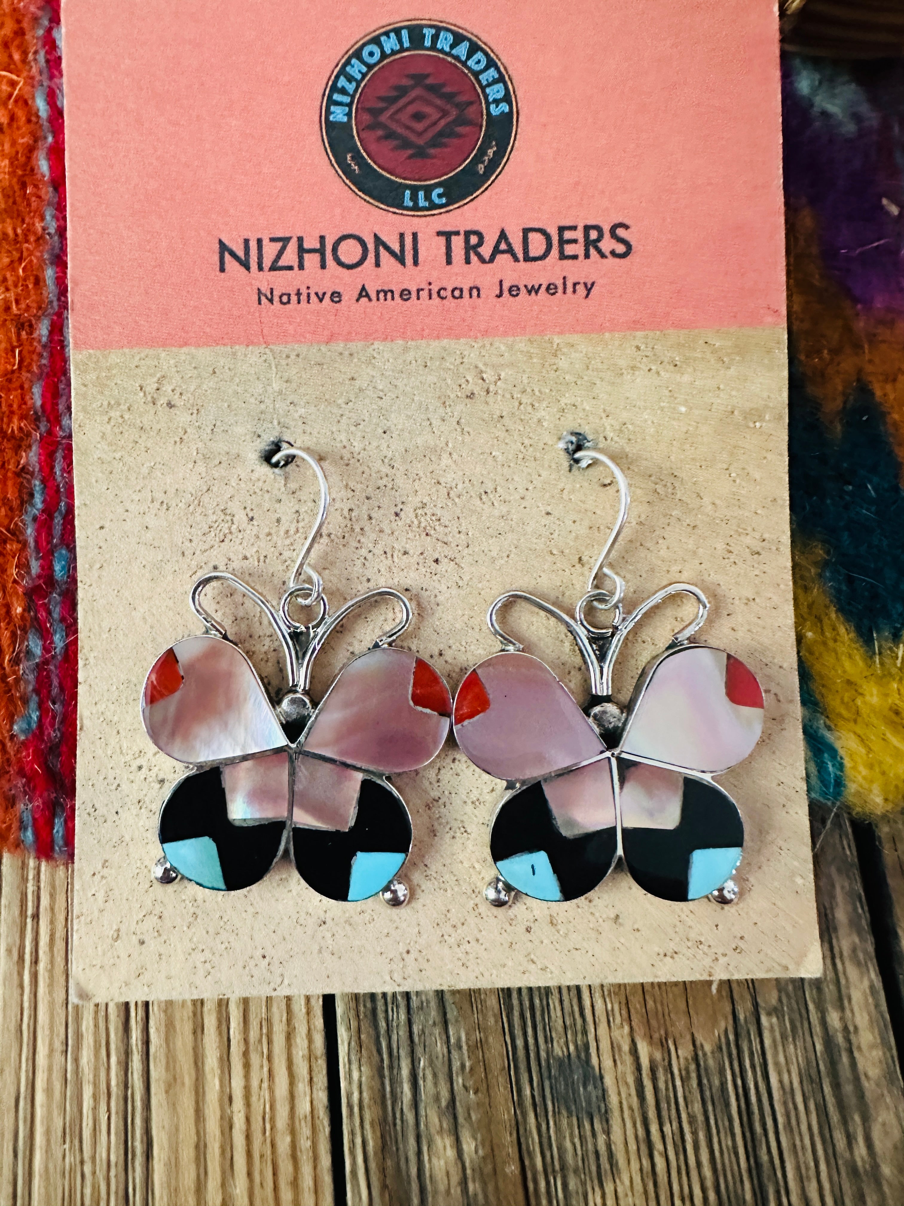 Handcrafted Multi Stone & Sterling Silver Inlay Butterfly Dangle Earrings