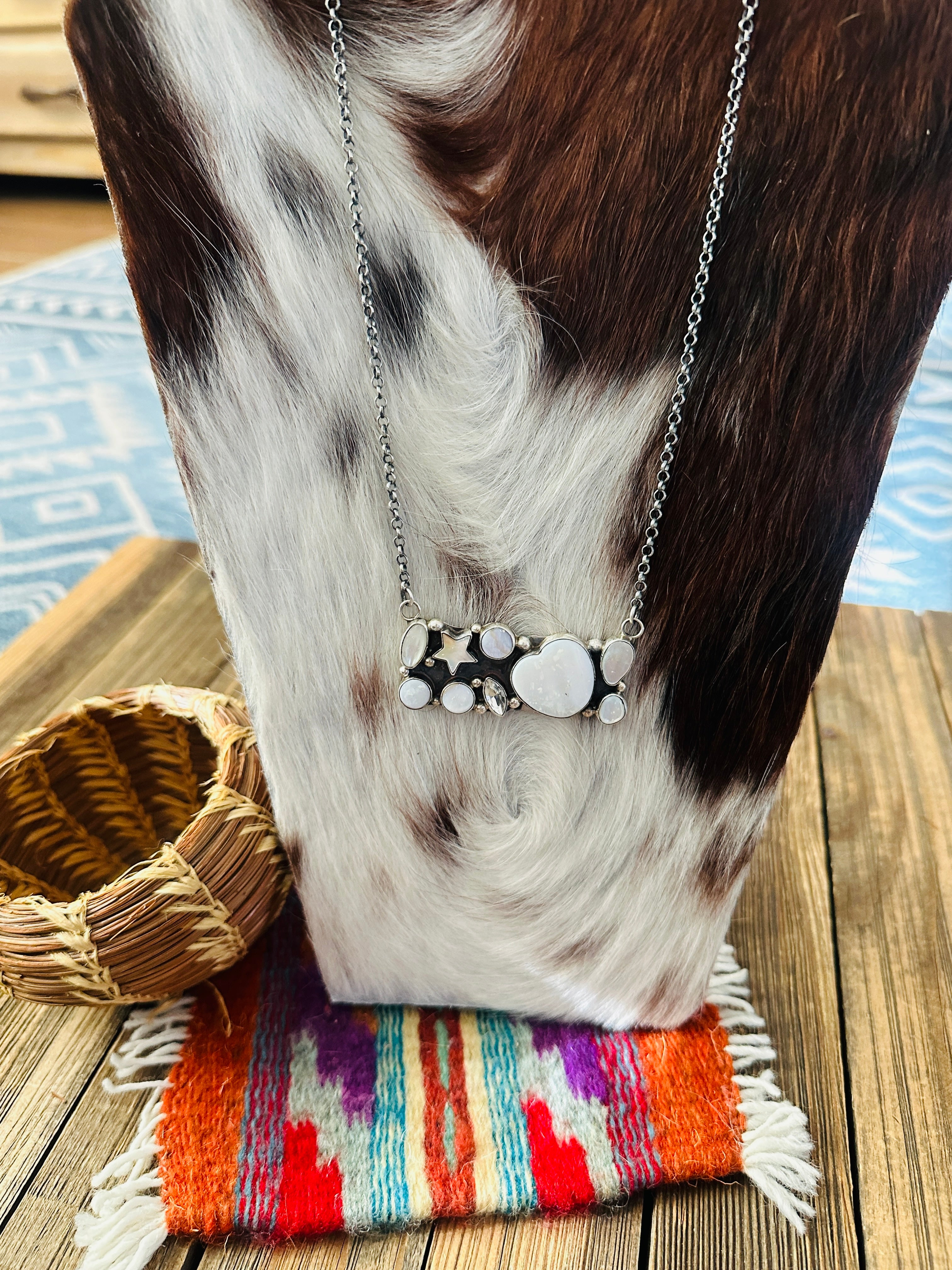 Handcrafted Mother of Pearl, CZ & Sterling Silver Bar Necklace by Jacqueline Silver