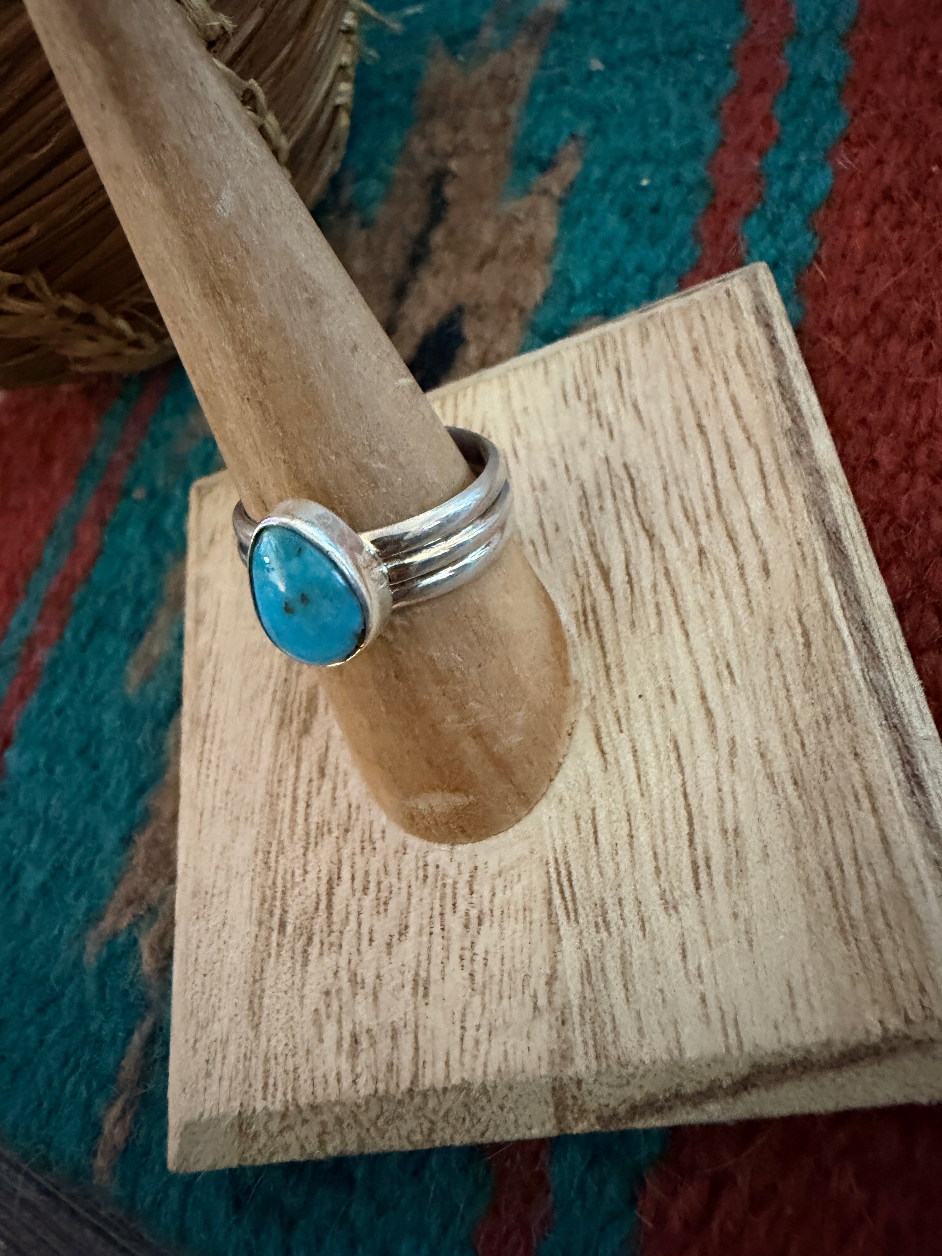 Handcrafted Turquoise & Sterling Silver Band Ring Size 7.5
