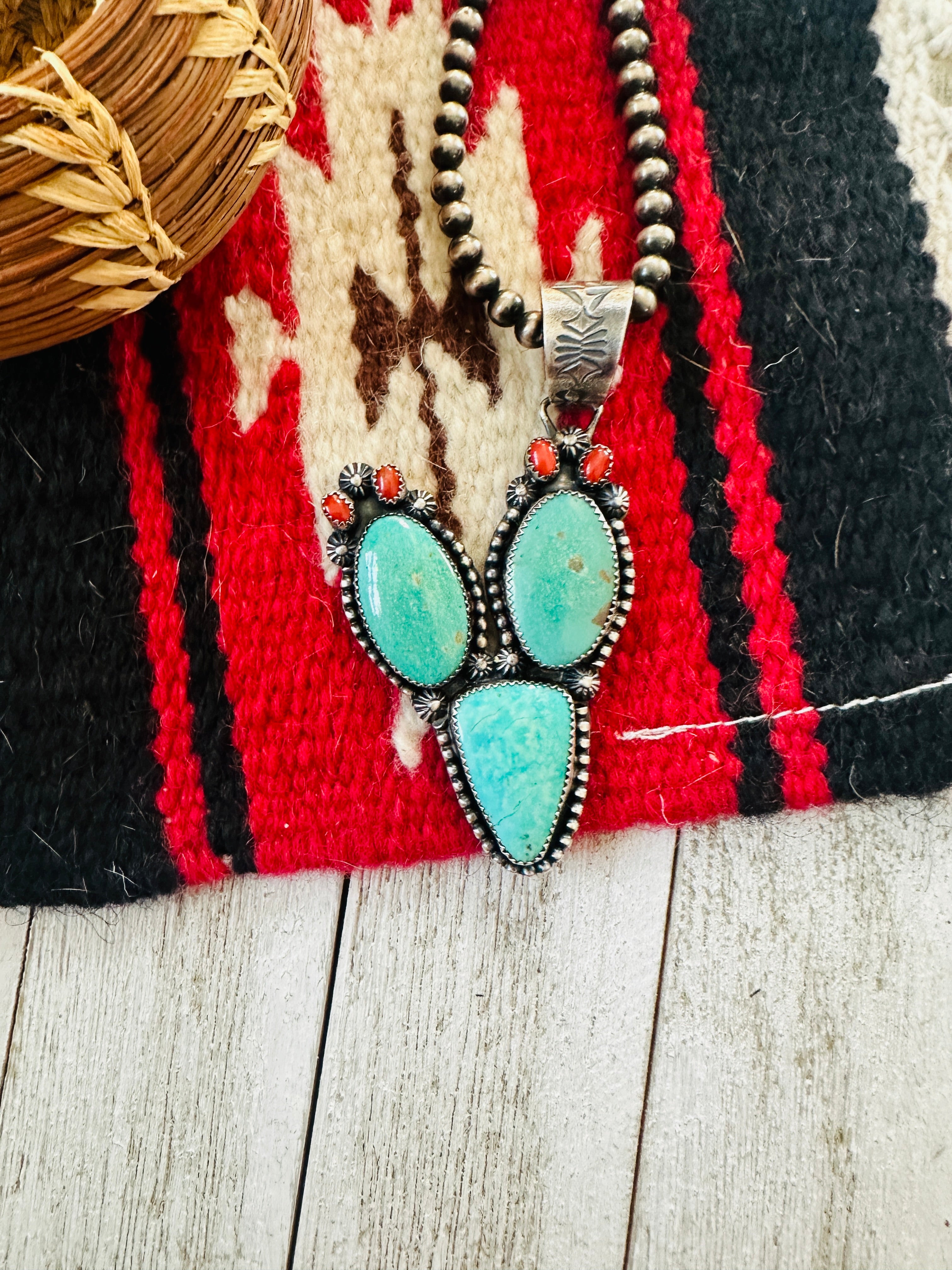 Navajo Turquoise, Coral and Sterling Silver Cactus Pendant