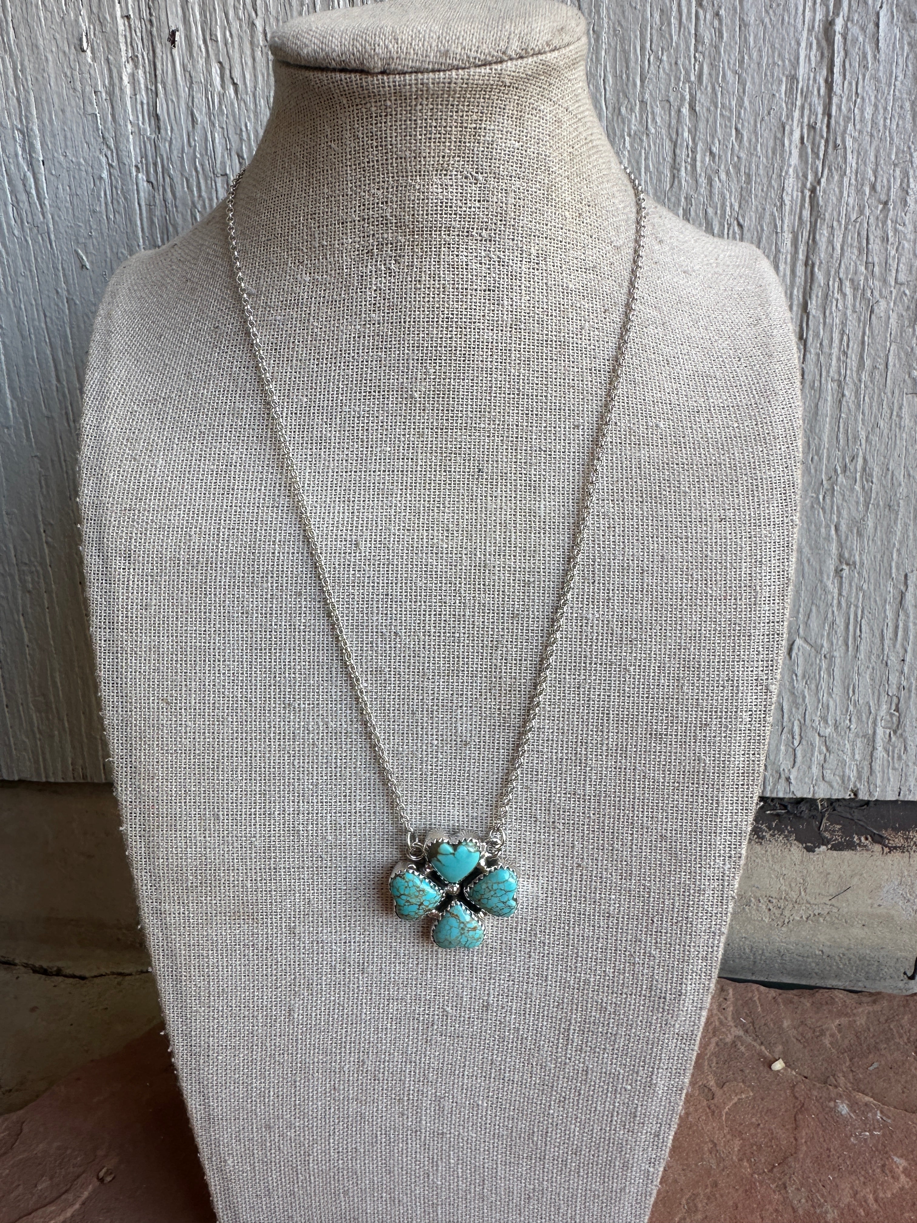 Beautiful Handmade Sterling Silver & Number 8 Turquoise 4 Stone Heart Necklace