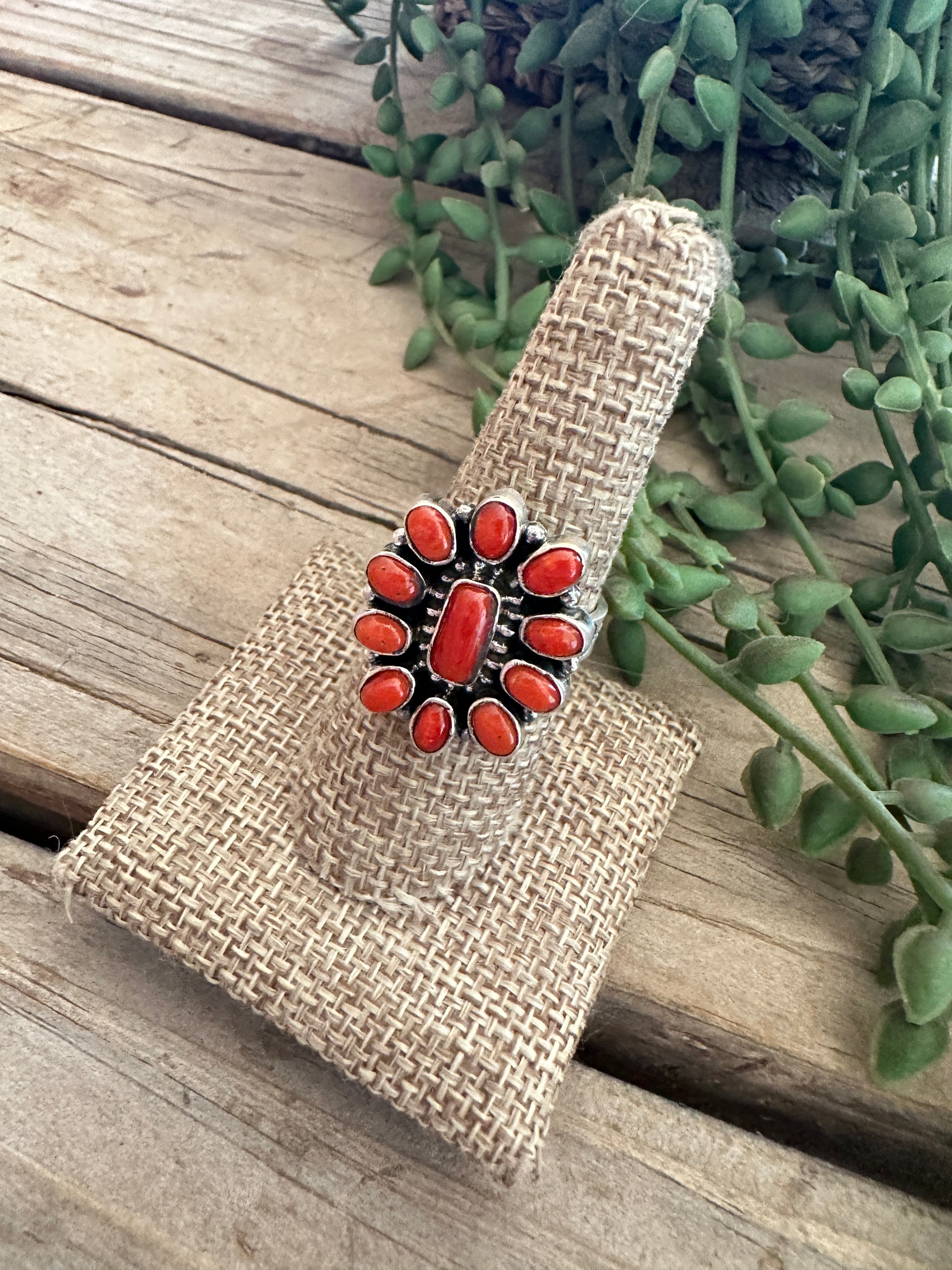 Beautiful Handmade Natural Coral And Sterling Silver Adjustable Square Cluster Ring style 2