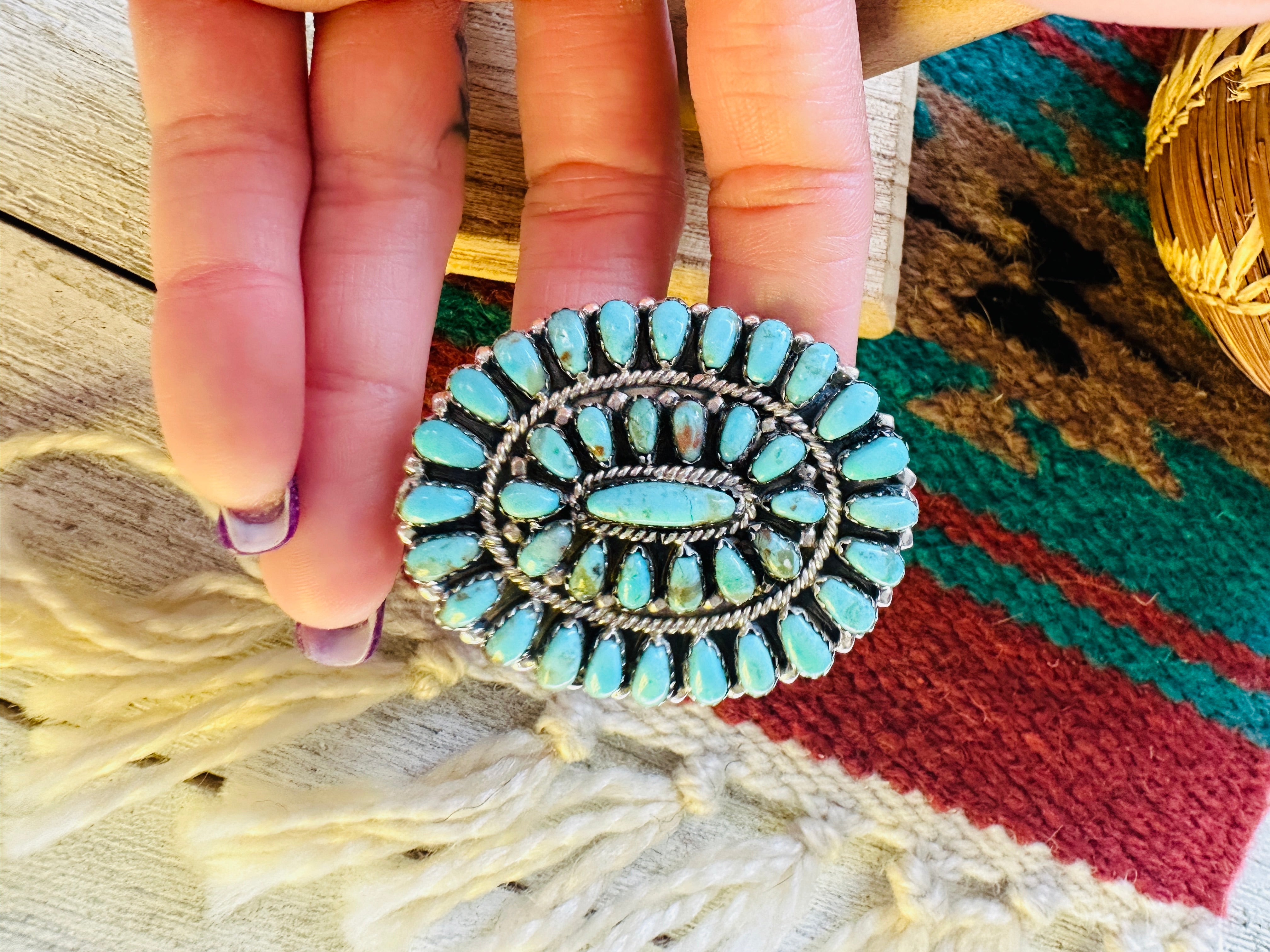 Navajo Turquoise & Sterling Silver Adjustable Cluster Ring