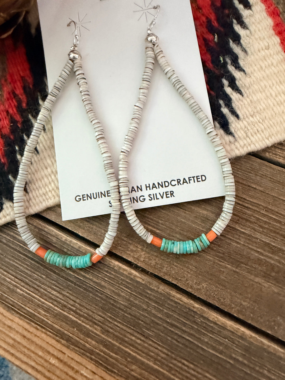 Handcrafted Heishi Shell, Turquoise & Spiny Beaded Dangle Hoop Earrings