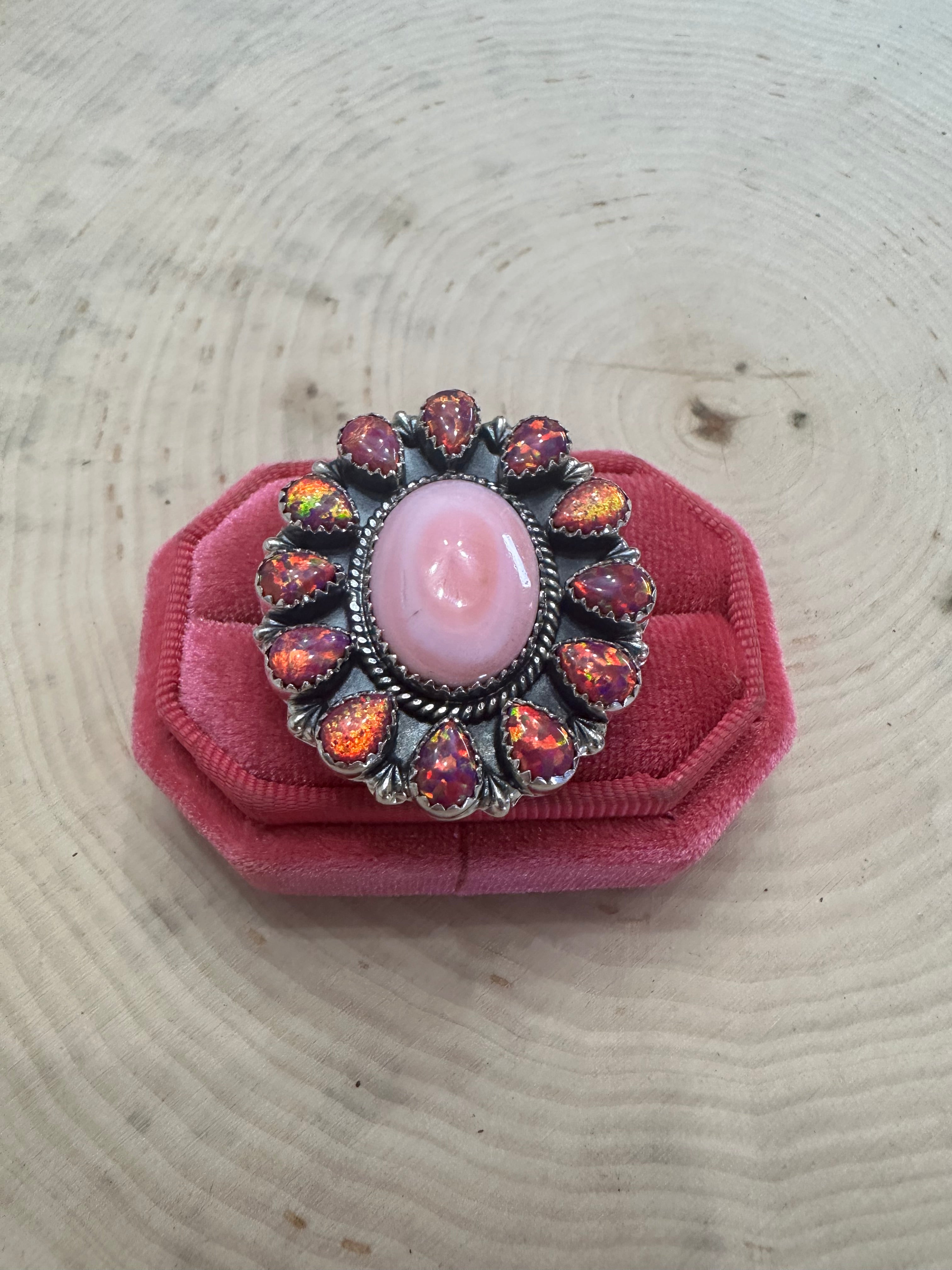 Handmade Pink Conch, Dark Pink Fire Opal And Sterling Silver Adjustable Ring Signed Nizhoni