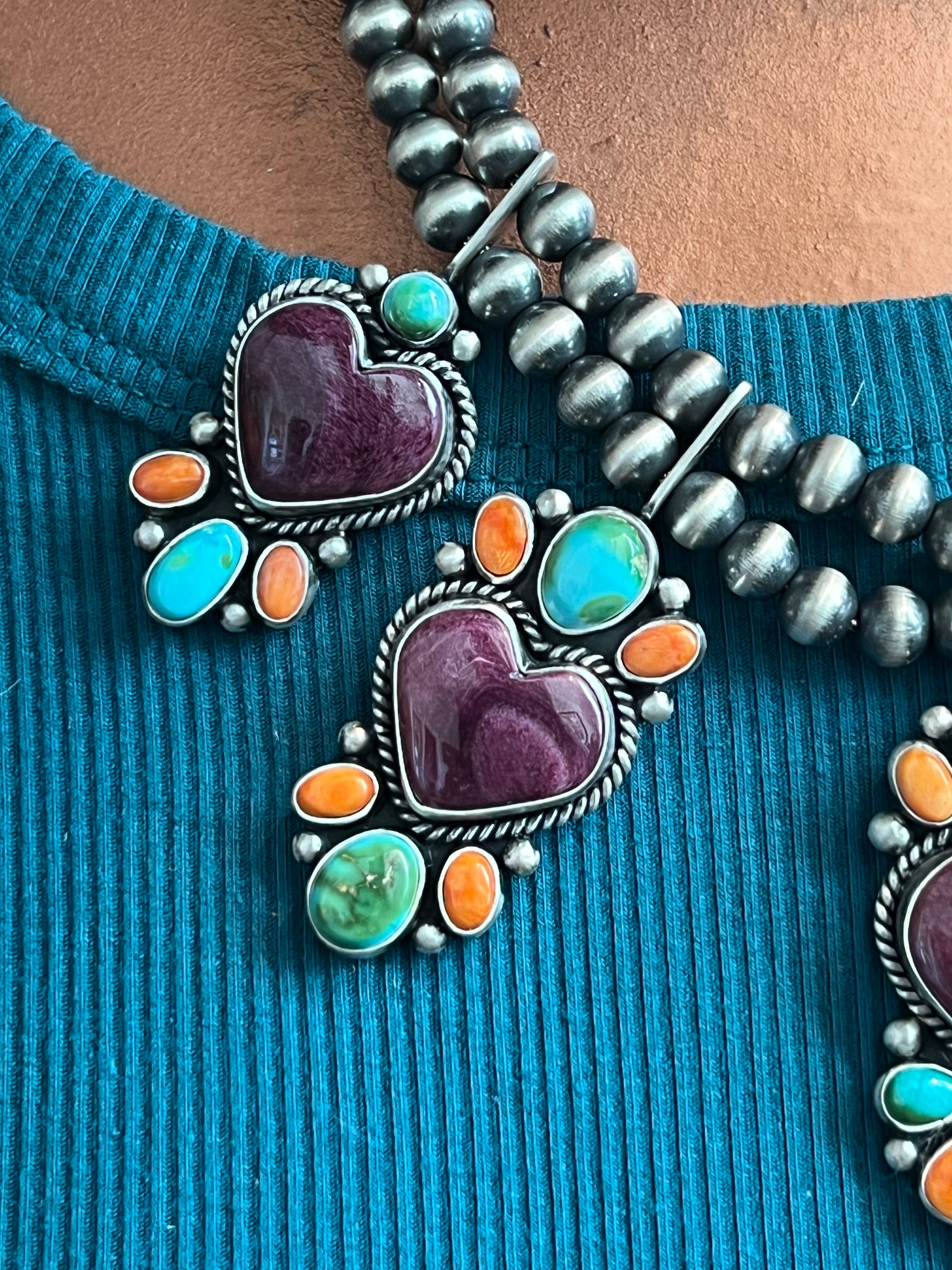 Handcrafted Sterling Silver Electric Rainbow Beaded Heart Cluster Necklace & Earrings Set by Angela Martin