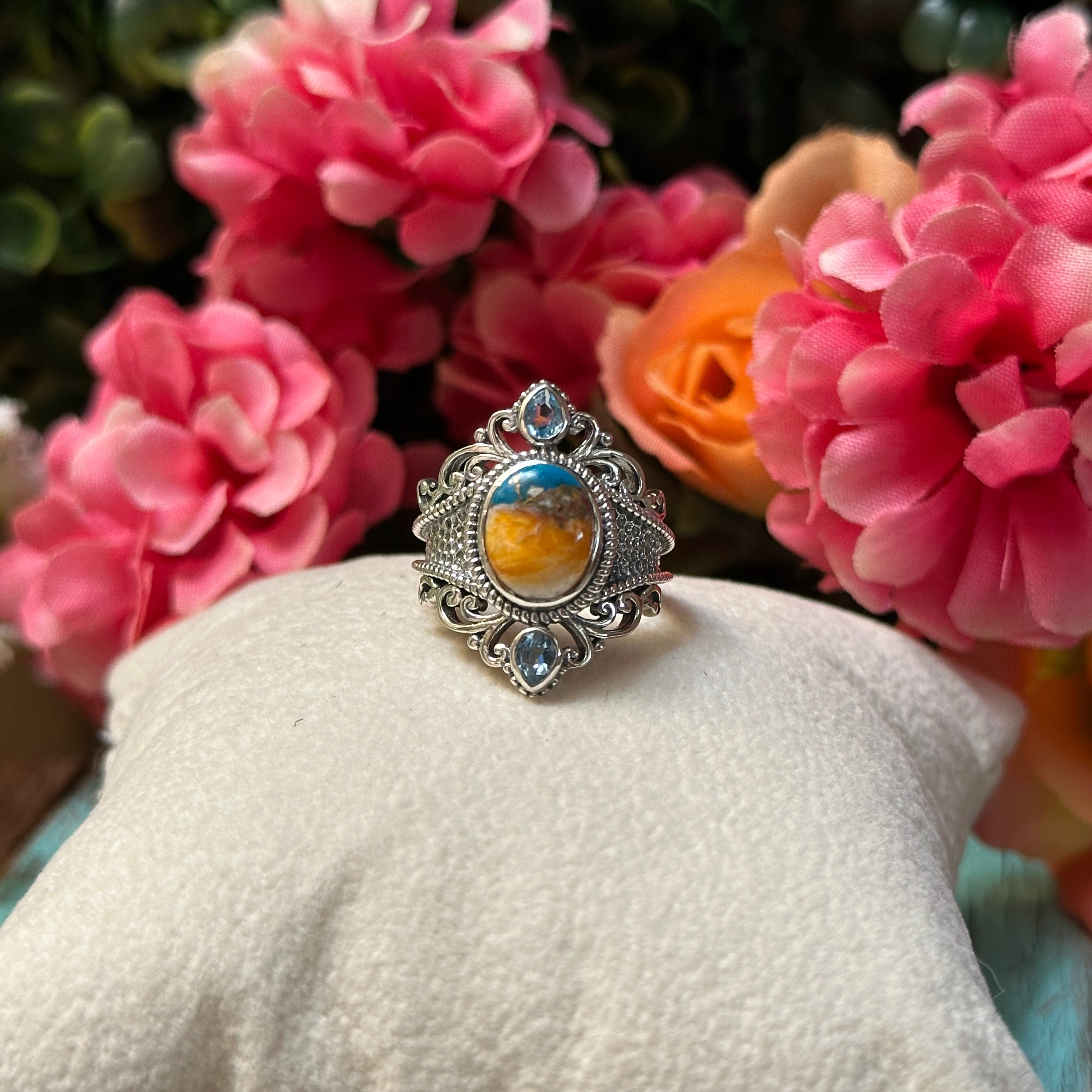 Sterling Silver Orange Spiny Turquoise & Swiss Blue Topaz Ring Size 7