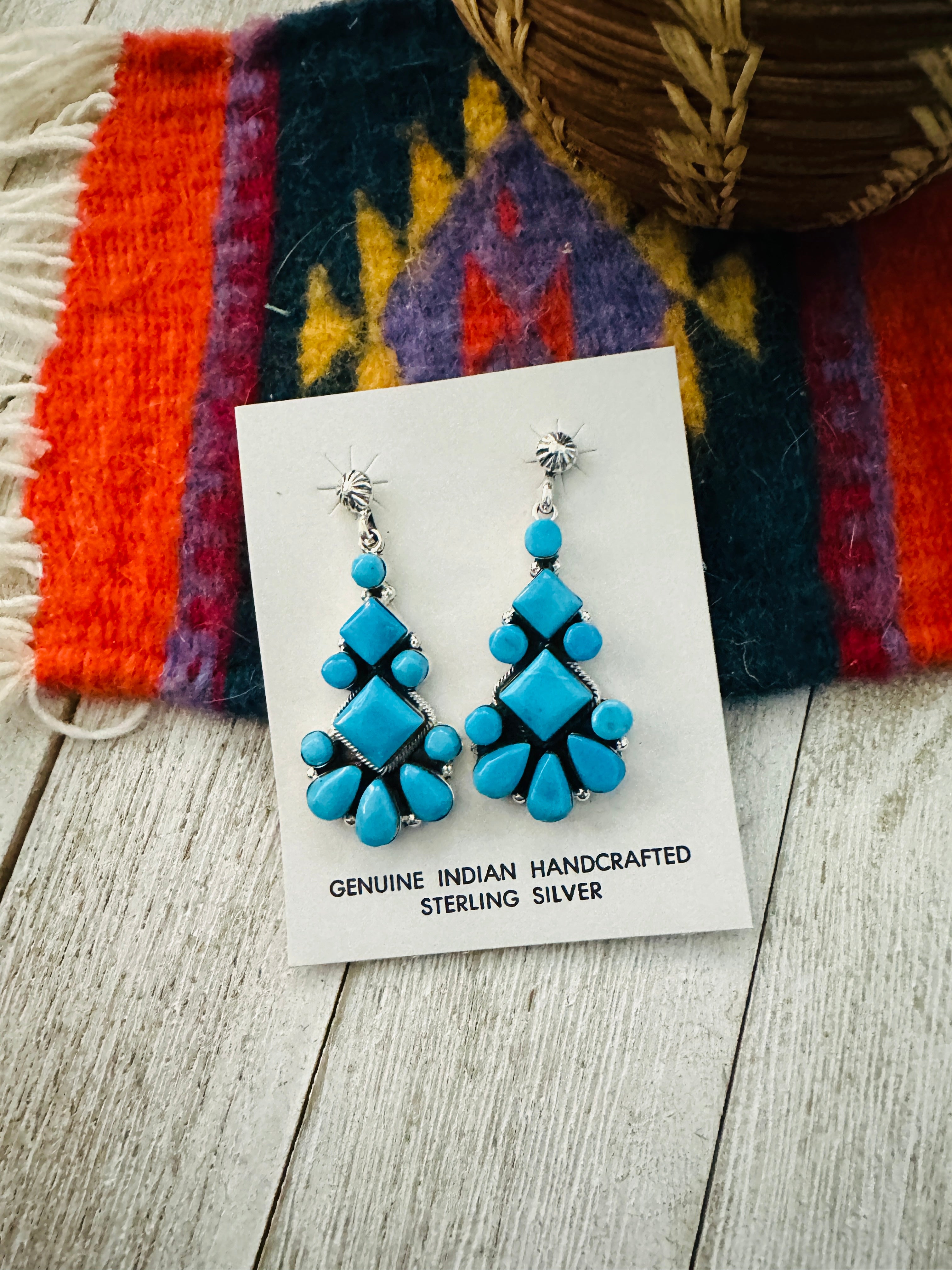 Navajo Sterling Silver & Turquoise Cluster Dangle Earrings