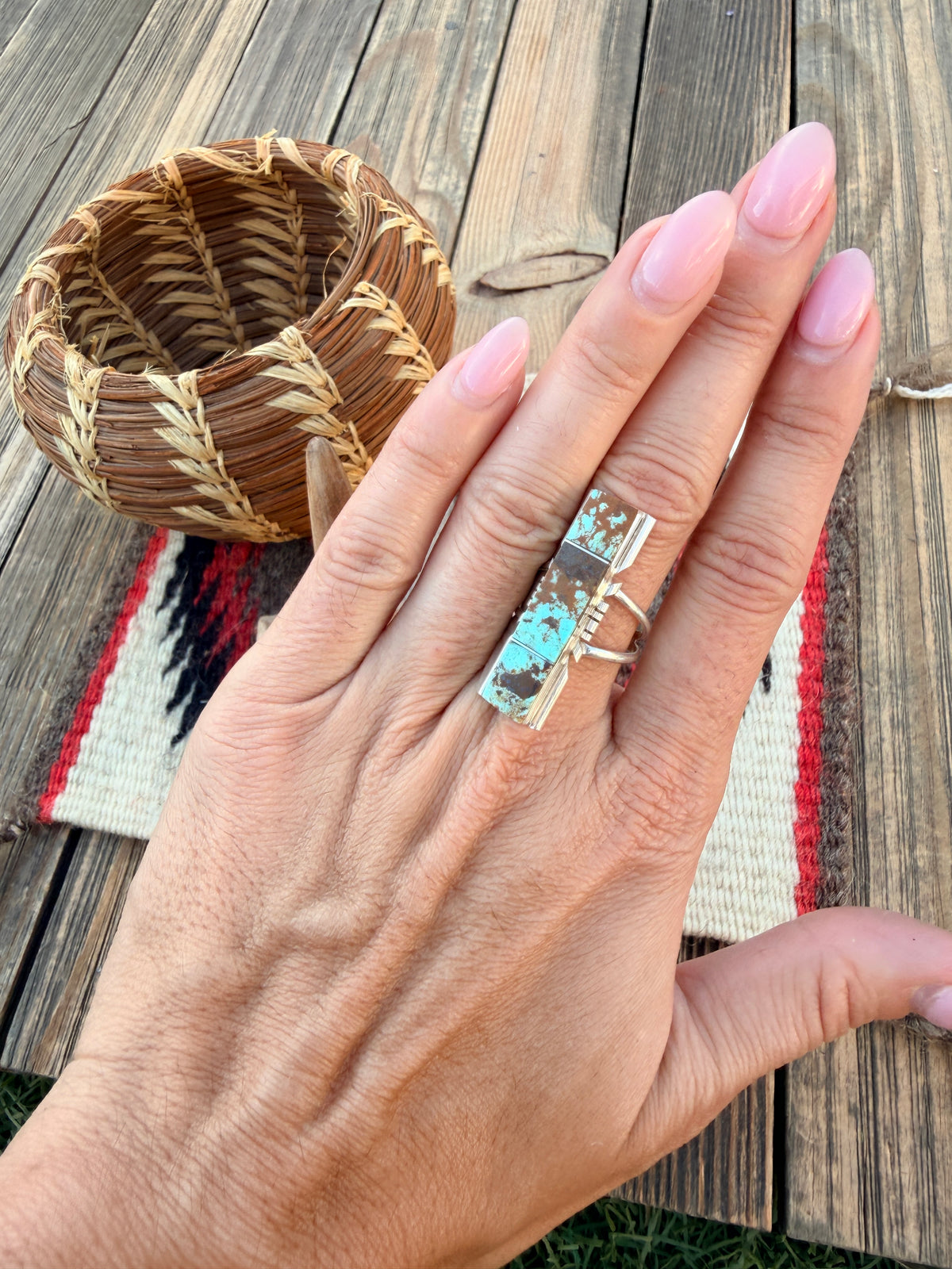 Handcrafted Turquoise & Sterling Silver Inlay Ring Size 6.75