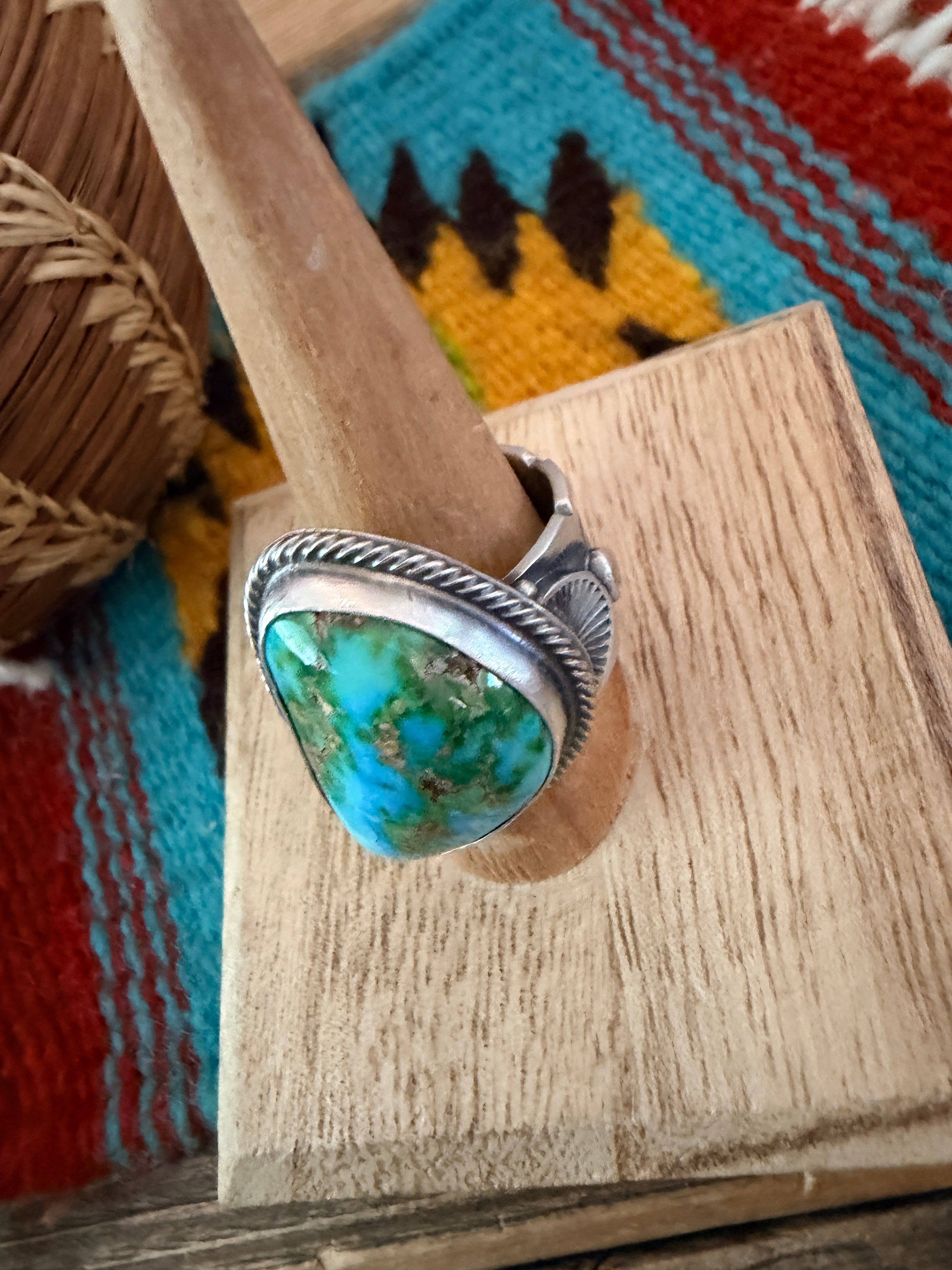 Handcrafted Sonoran Mountain Turquoise & Sterling Silver Ring Size 11.5 by Sheila Tso