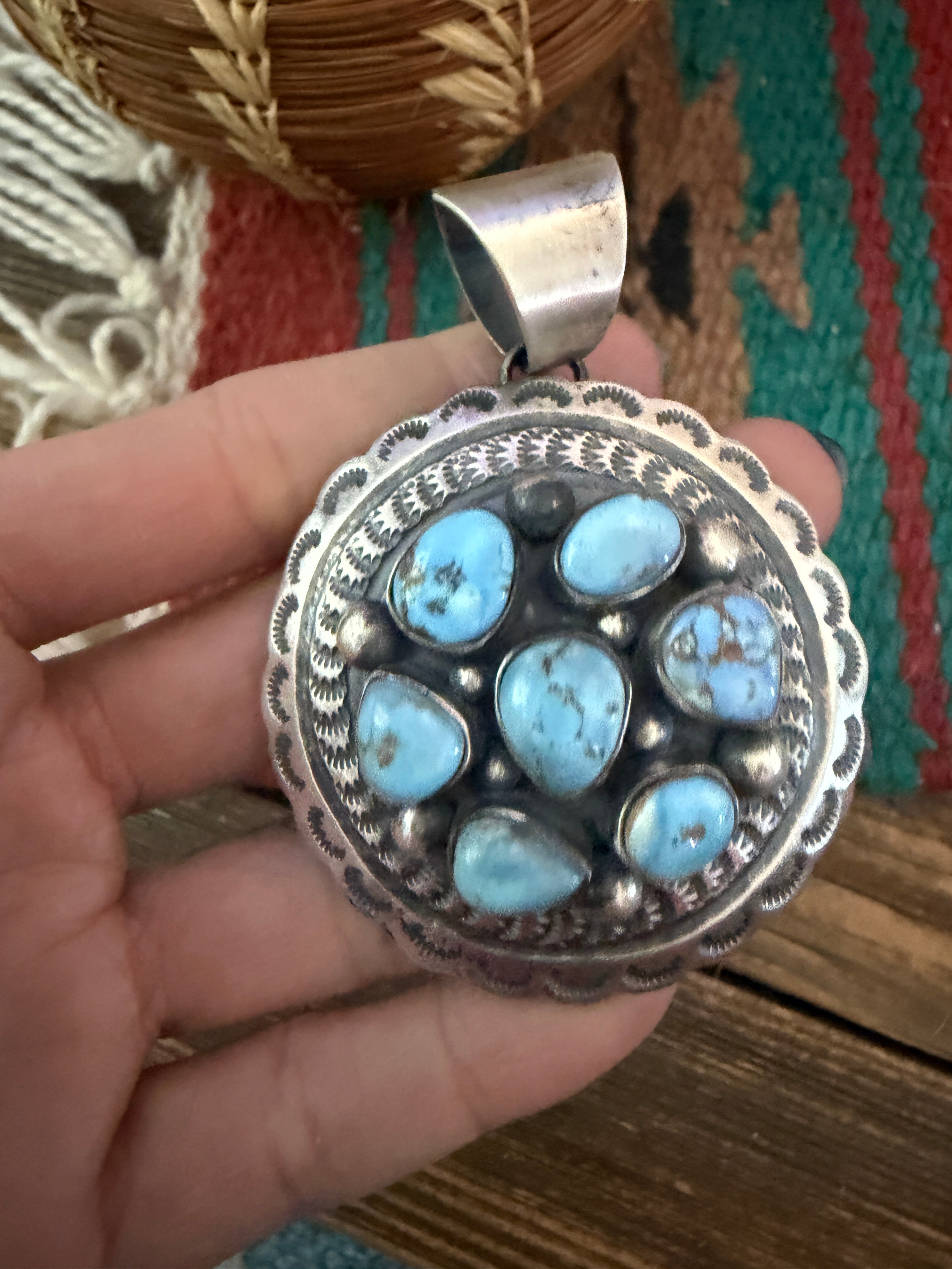 Handcrafted Sterling Silver & Golden Hills Turquoise Concho Pendant by Chimney Butte