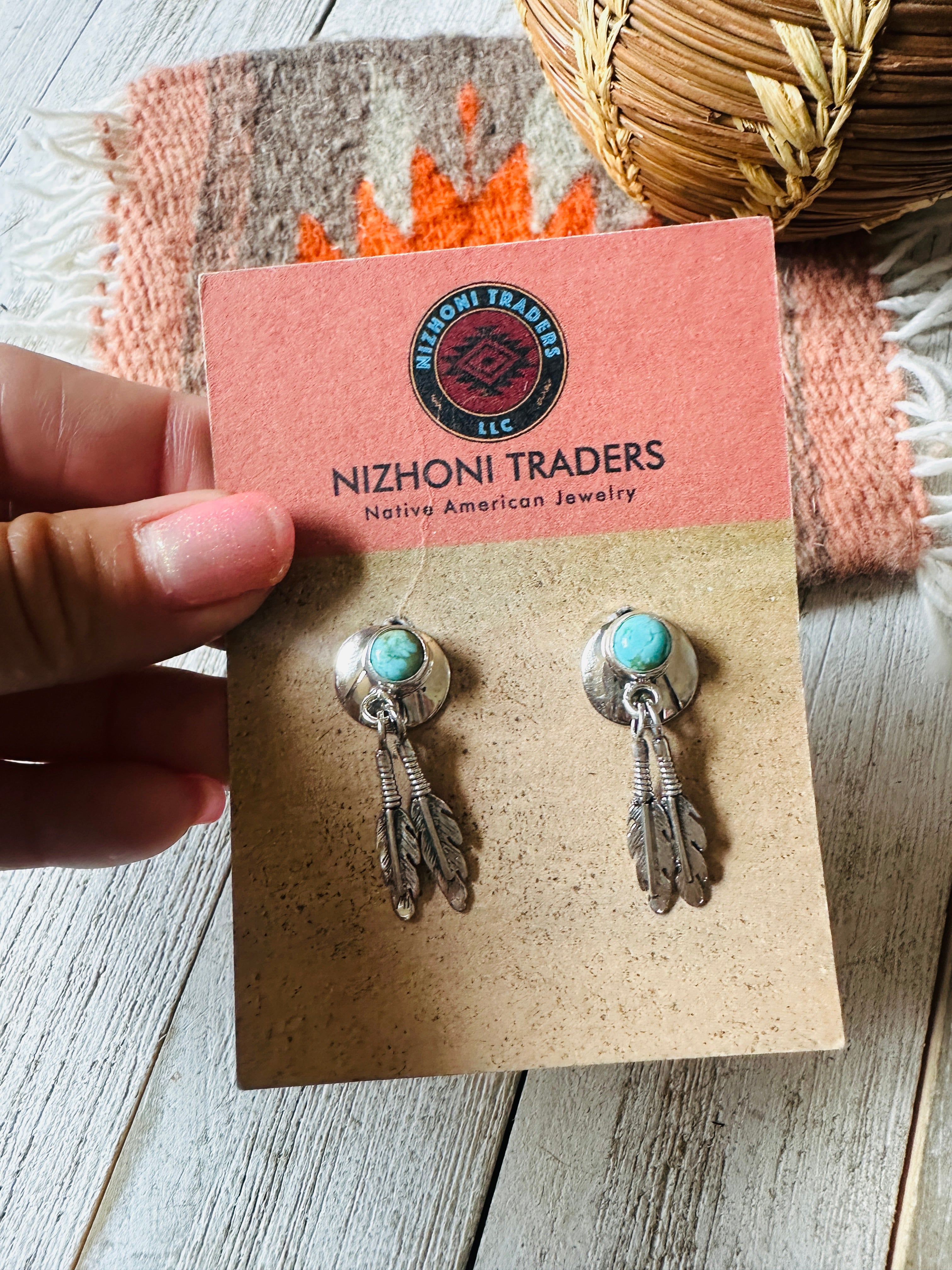 Navajo Turquoise & Sterling Silver Concho Feather Earrings