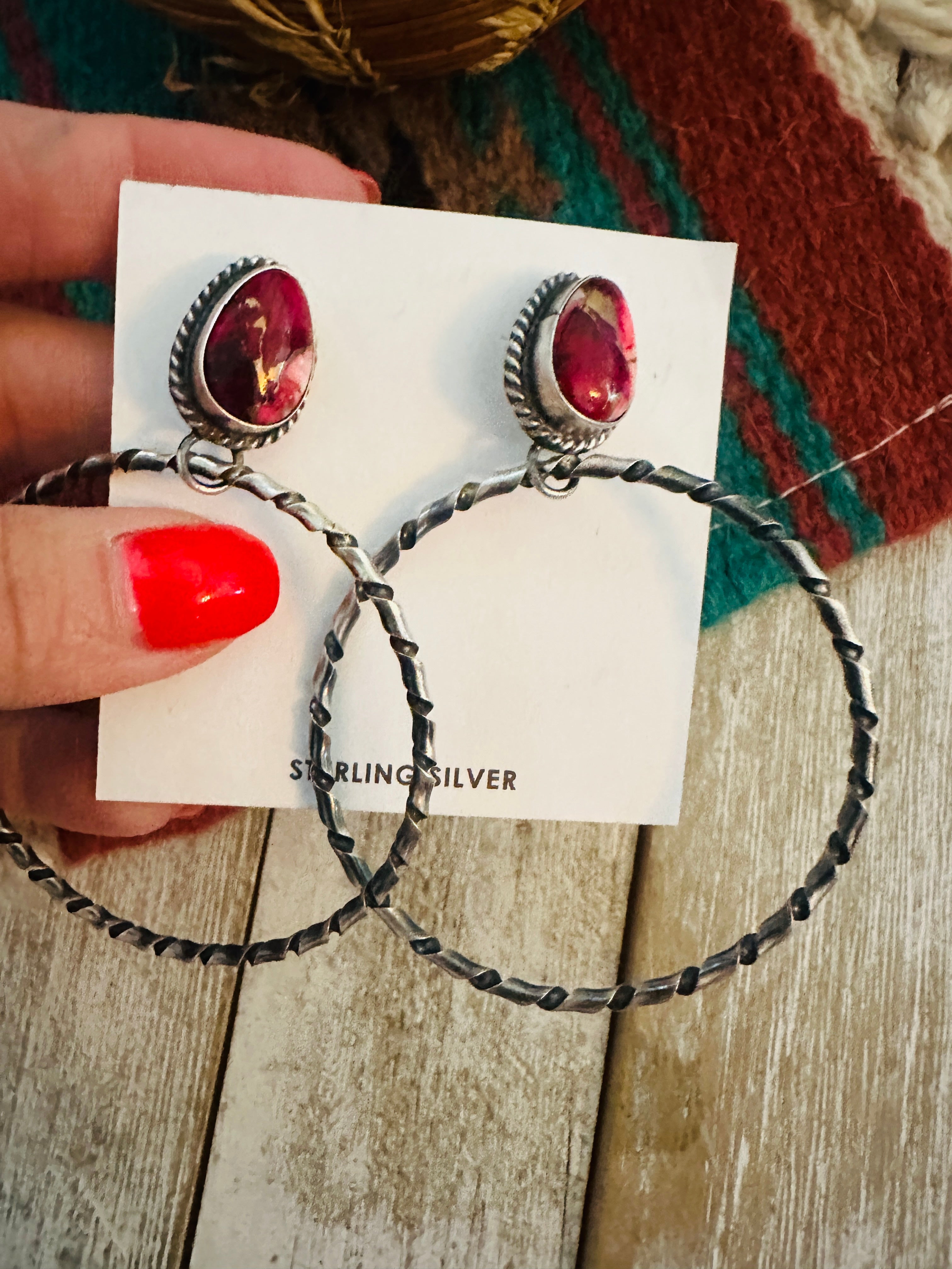 Navajo Rose Dahlia and Sterling Silver Dangle Hoop Earrings