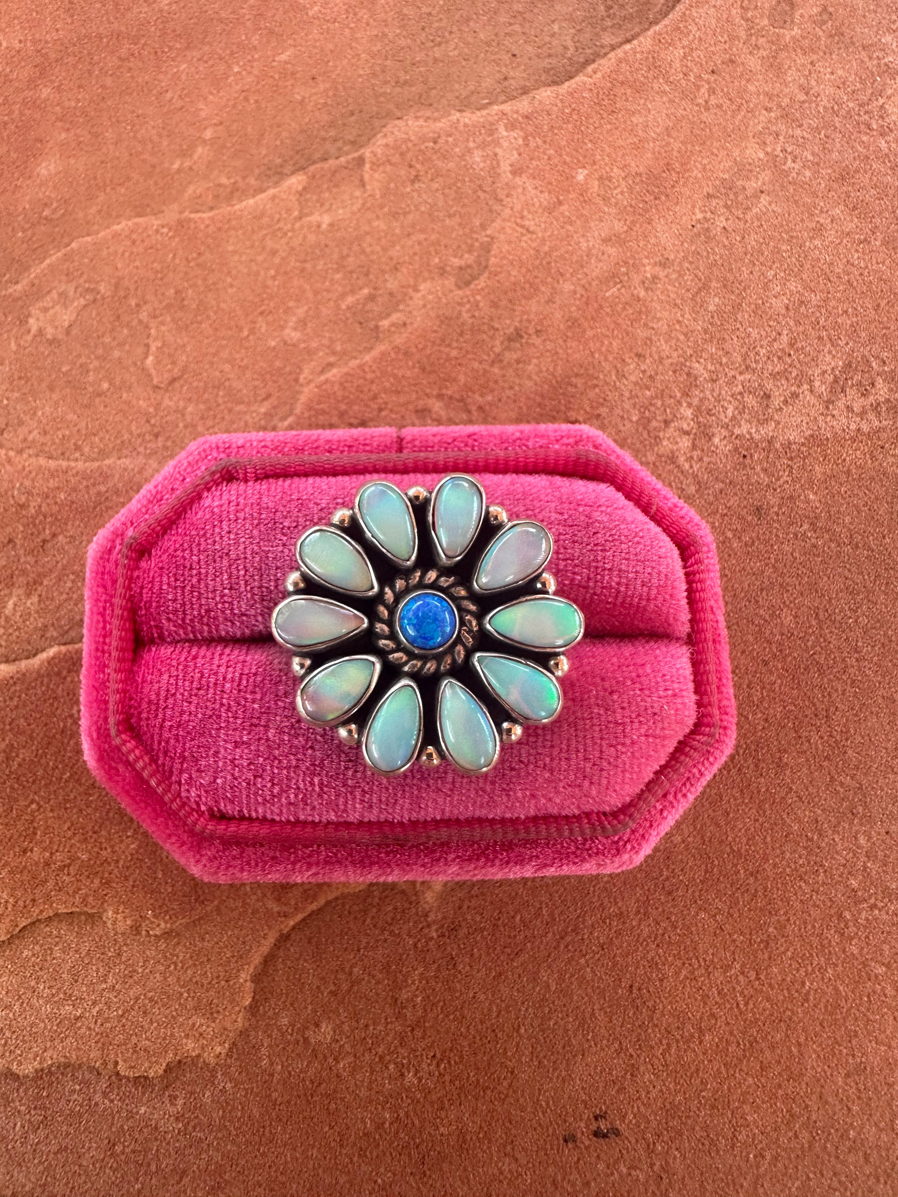 Beautiful Handmade Pink Opal, Blue Fire Opal And Sterling Silver Adjustable Flower Ring