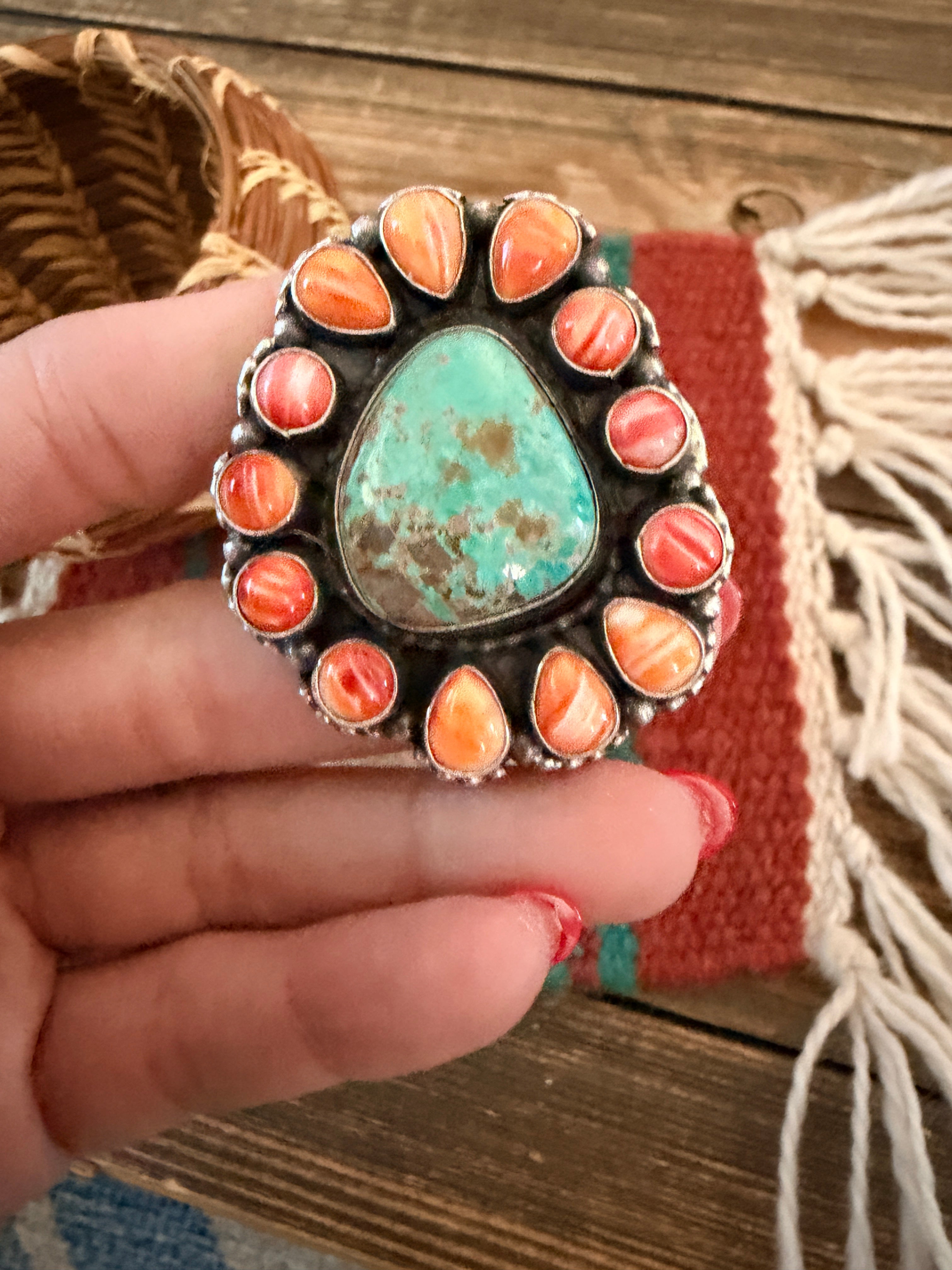 Handcrafted Spiny Oyster, Turquoise & Sterling Silver Cluster Ring by Sheila Becenti Size 10
