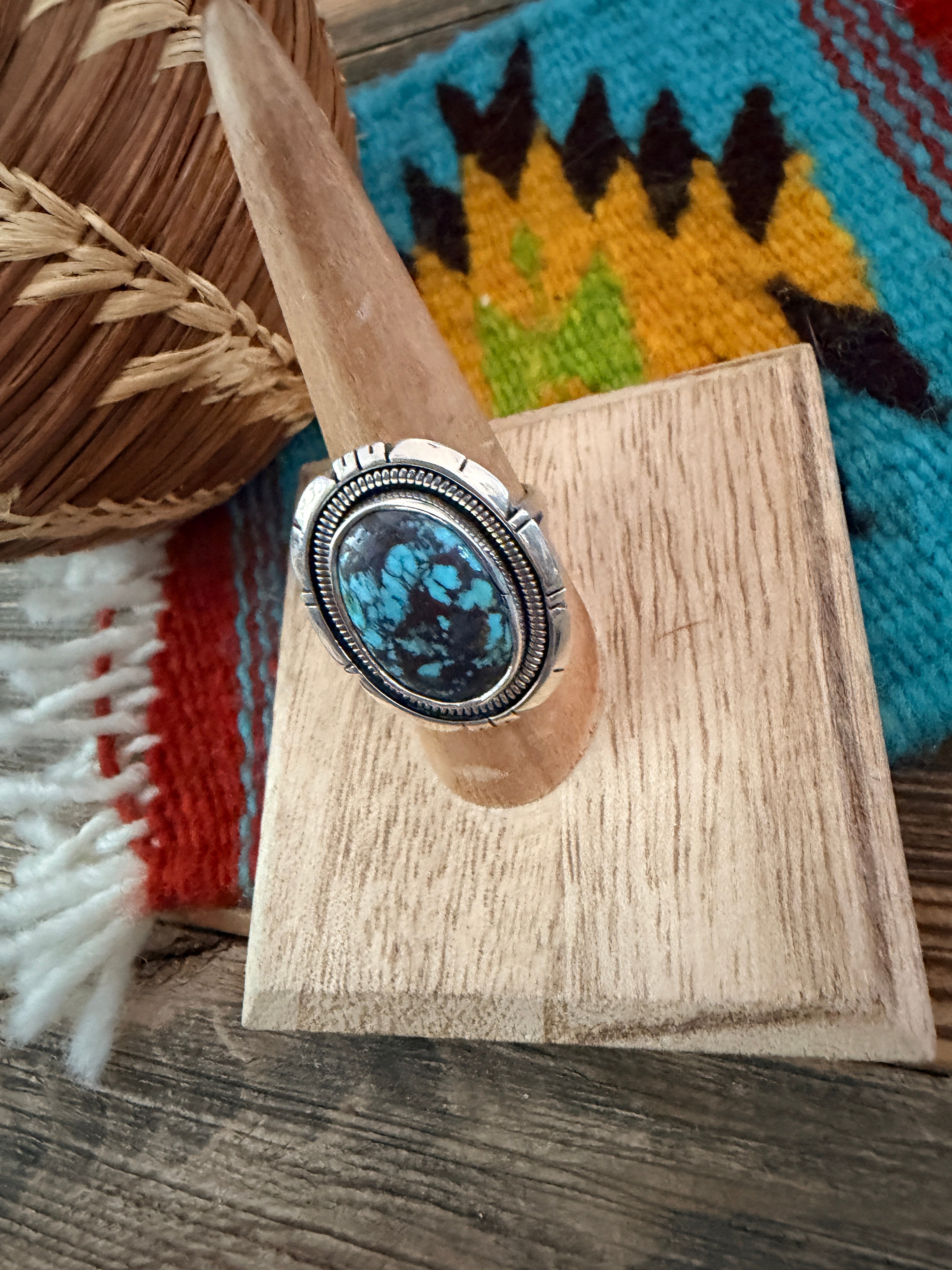 Handcrafted Turquoise & Sterling Silver Ring Size 8 by Wydell Billie