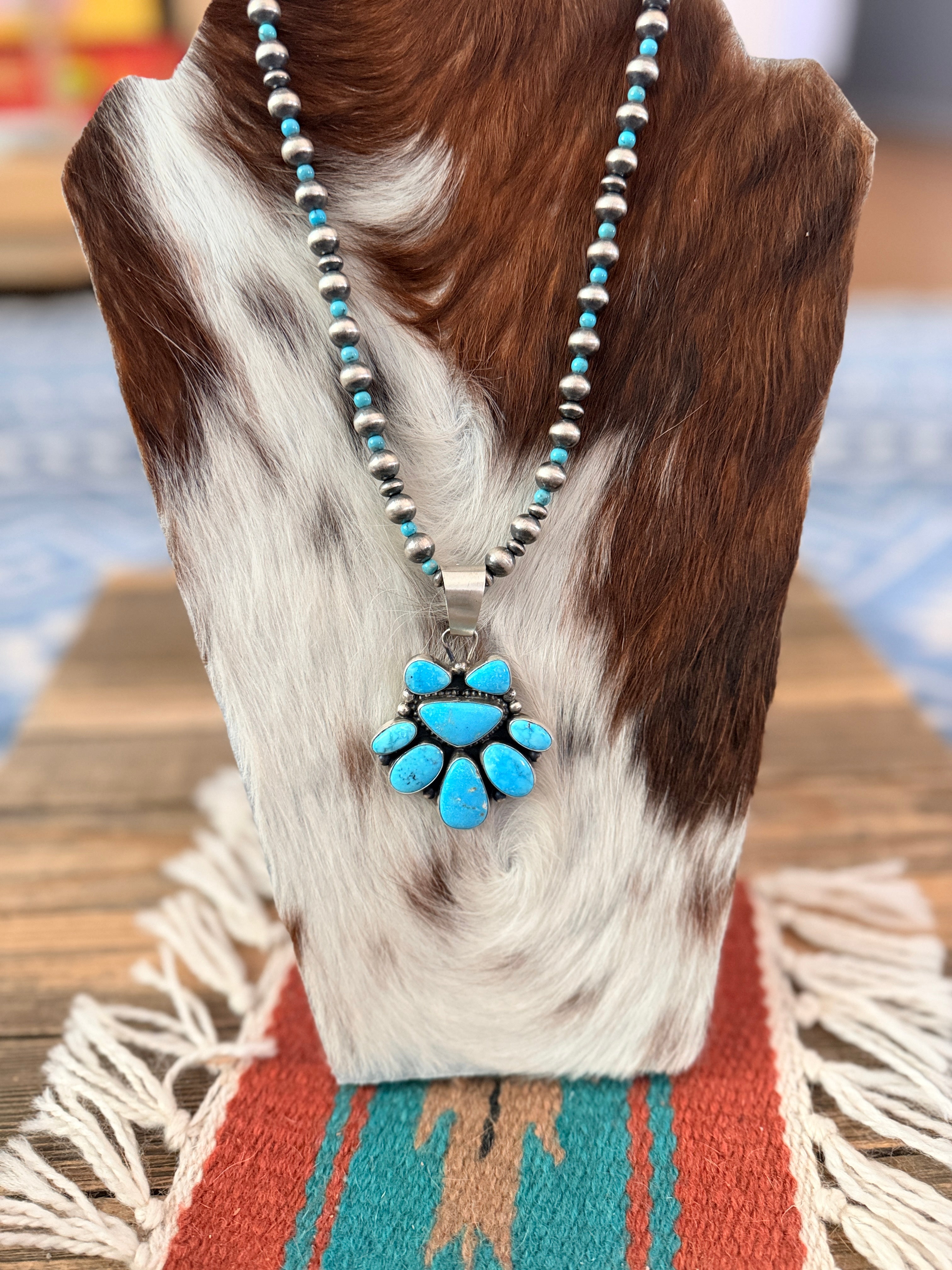 Handcrafted Turquoise & Sterling Silver Cluster Beaded Necklace by Travis Jim