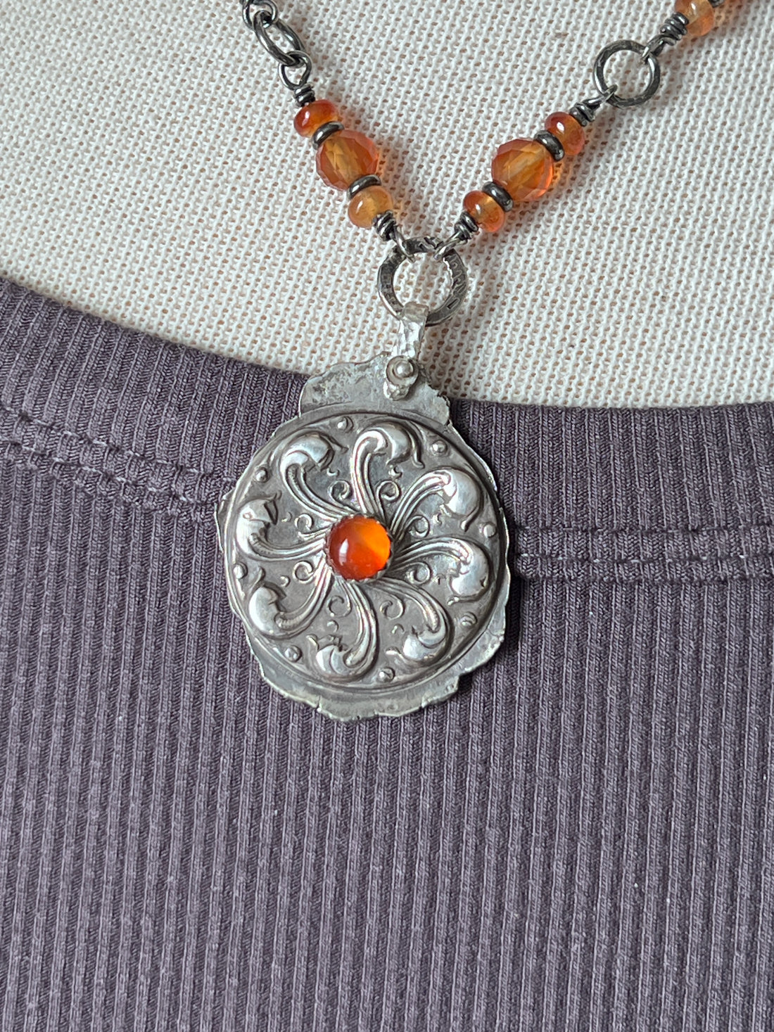 Tularosa Rosary Style Sterling Silver and Carnelian Wind Wheel Relic Coin Necklace
