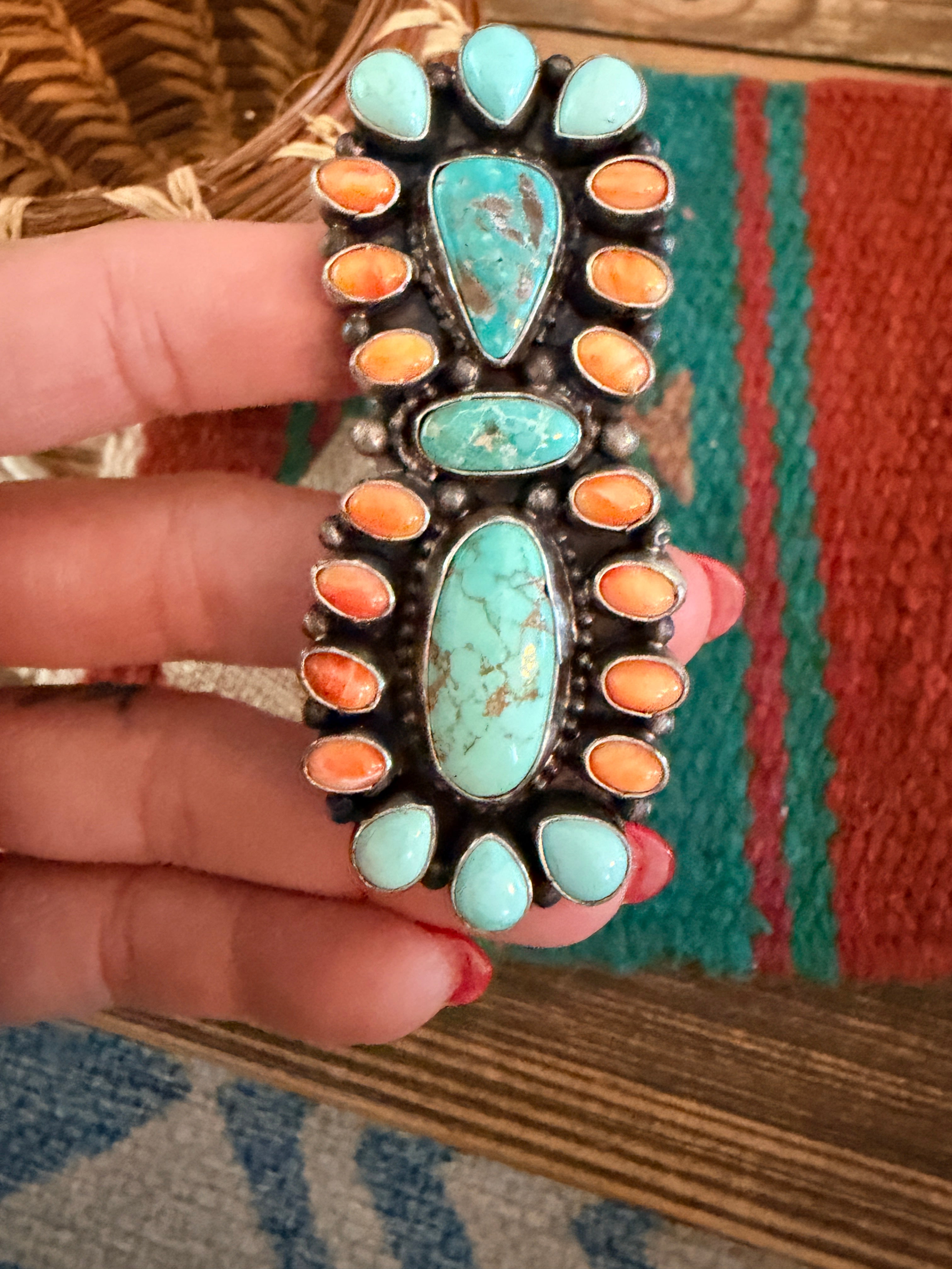 Handcrafted Spiny Oyster, Turquoise & Sterling Silver Cluster Ring by Sheila Becenti Size 7.5