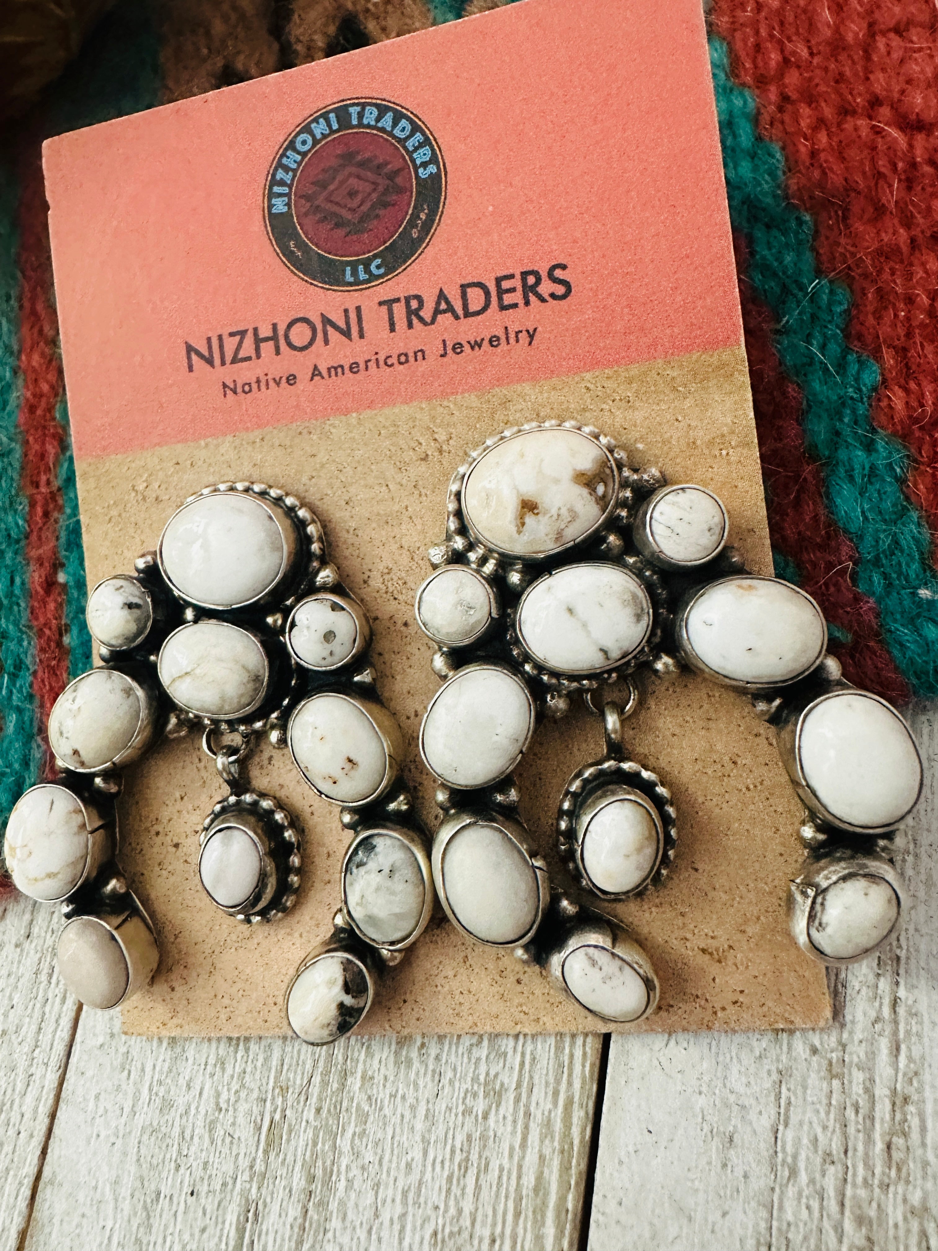 Navajo White Buffalo & Sterling Silver Cluster Naja Earrings