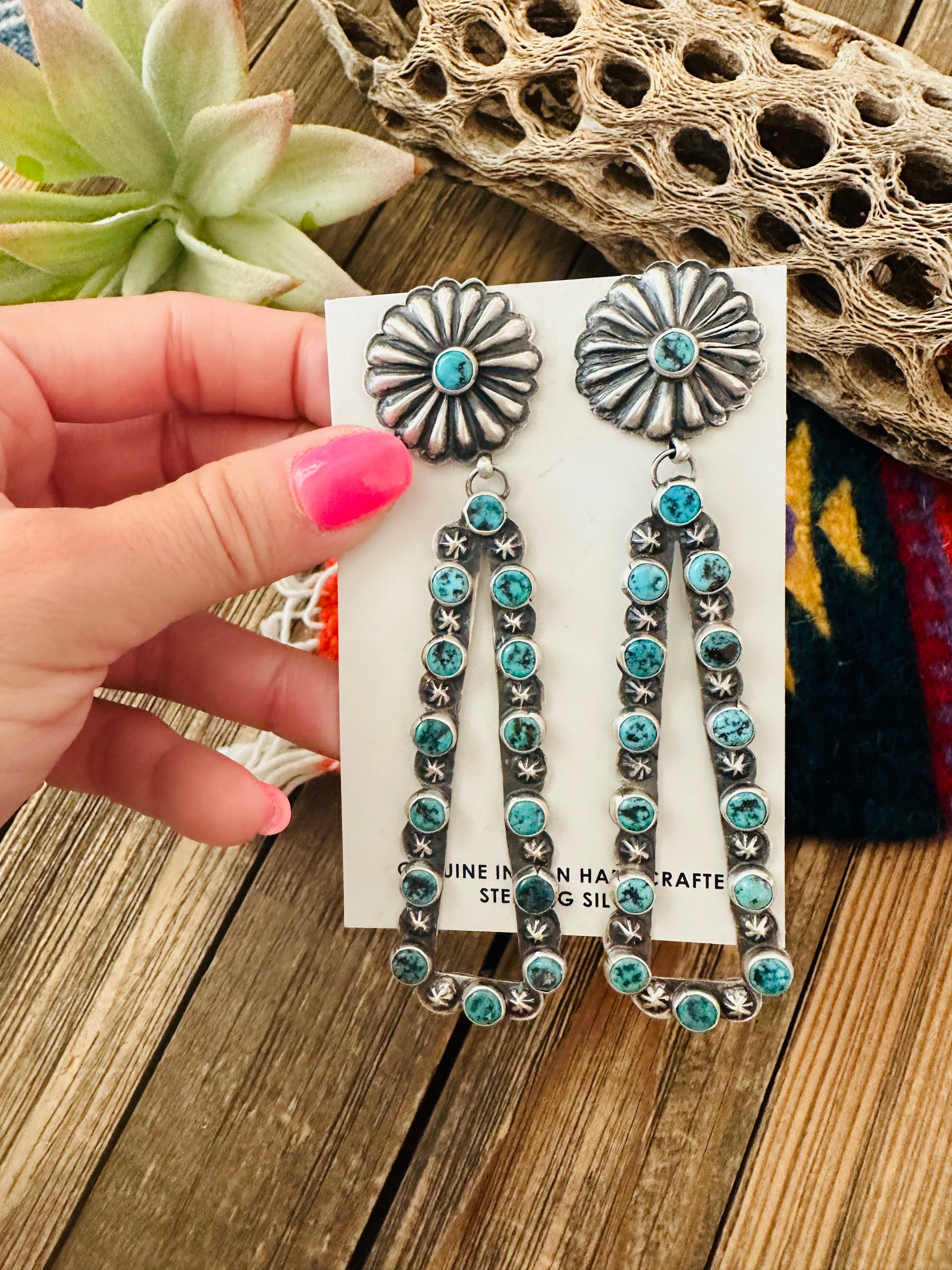 Navajo Sterling Silver & Turquoise Concho Dangle Earrings By Eugene Charley