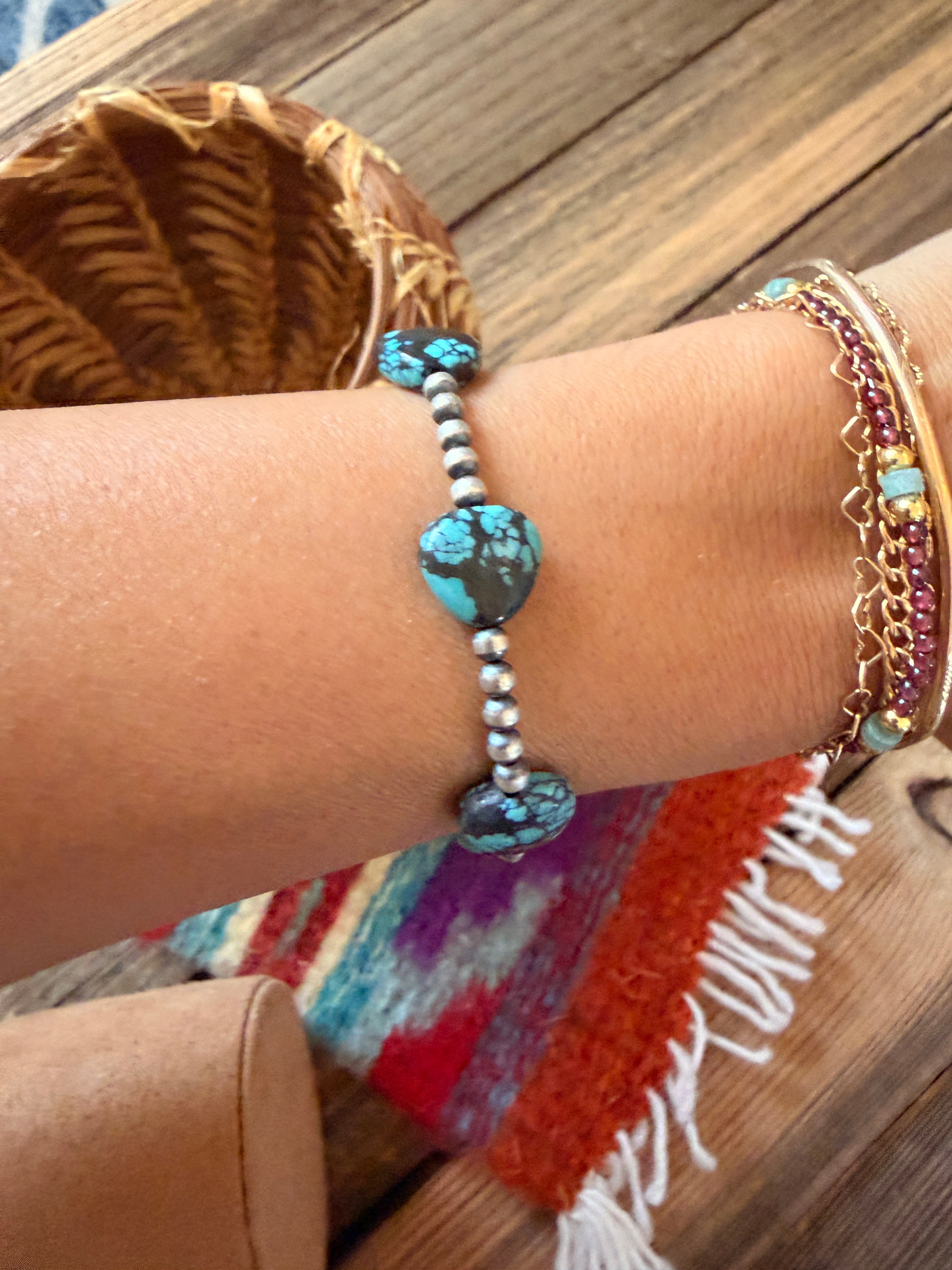 Handcrafted Turquoise & Sterling Silver Beaded Stretch Bracelet