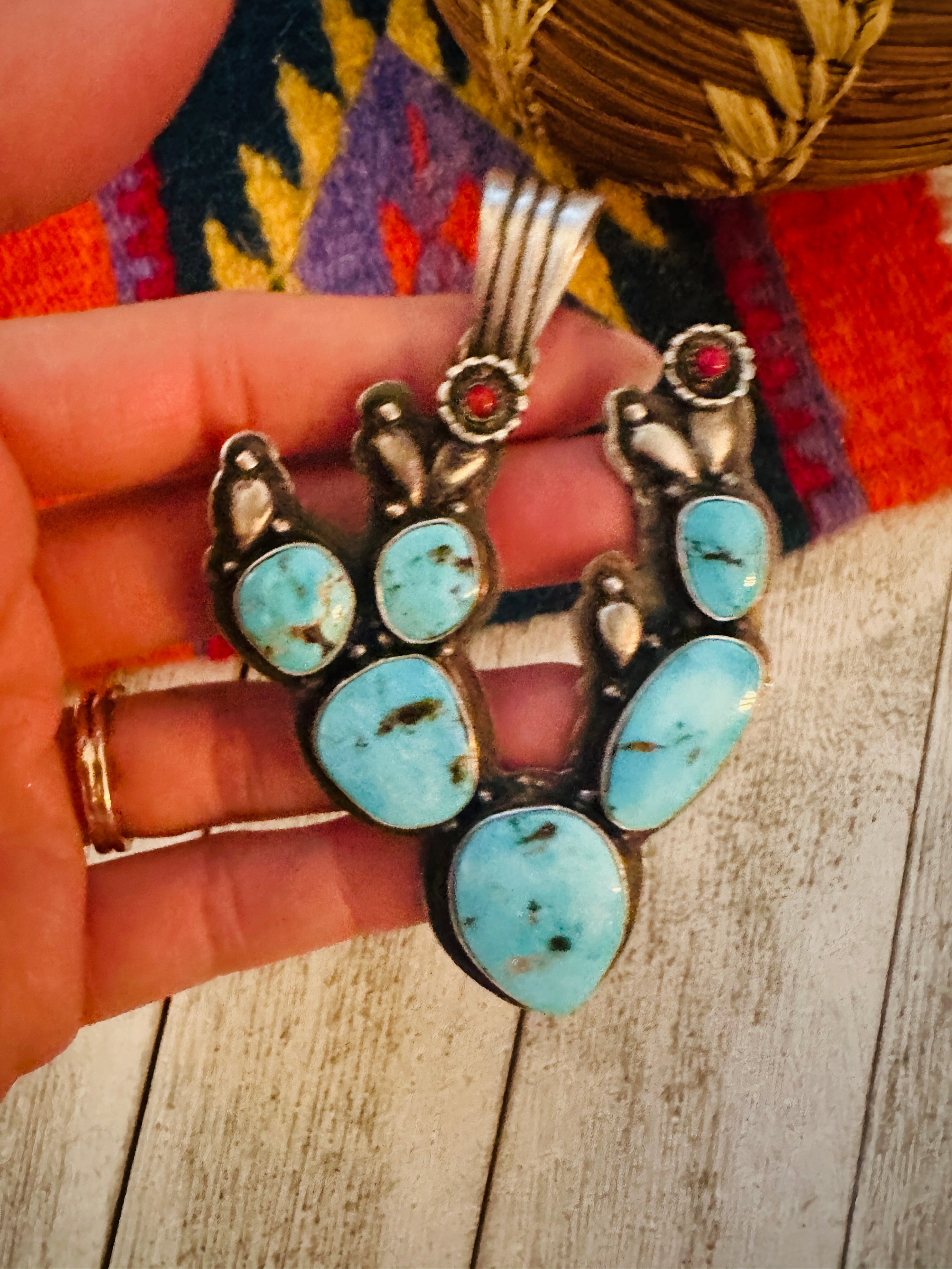 Navajo Turquoise, Coral and Sterling Silver Cactus Pendant