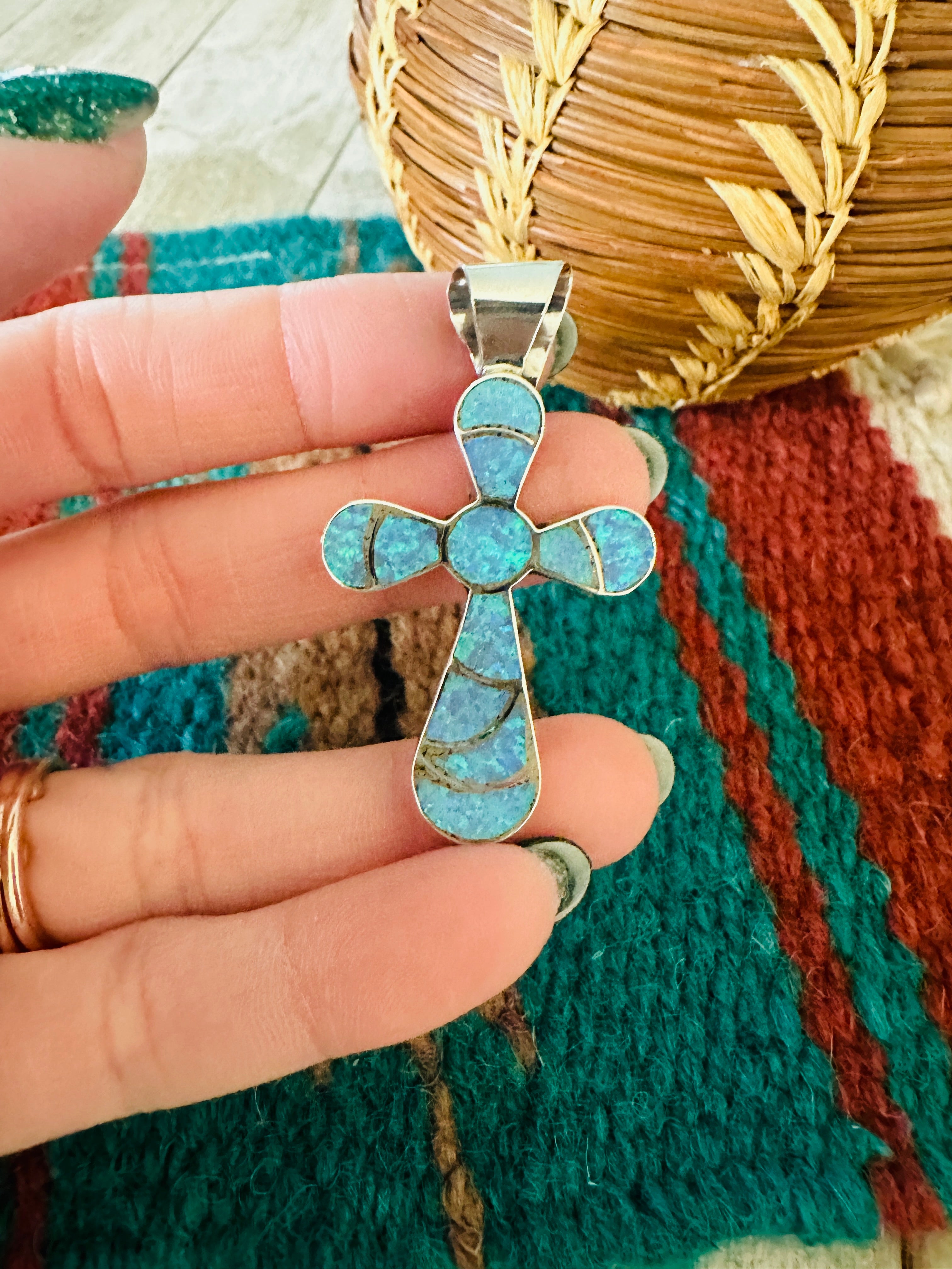 Zuni Sterling Silver & Blue Opal Inlay Cross Pendant Signed