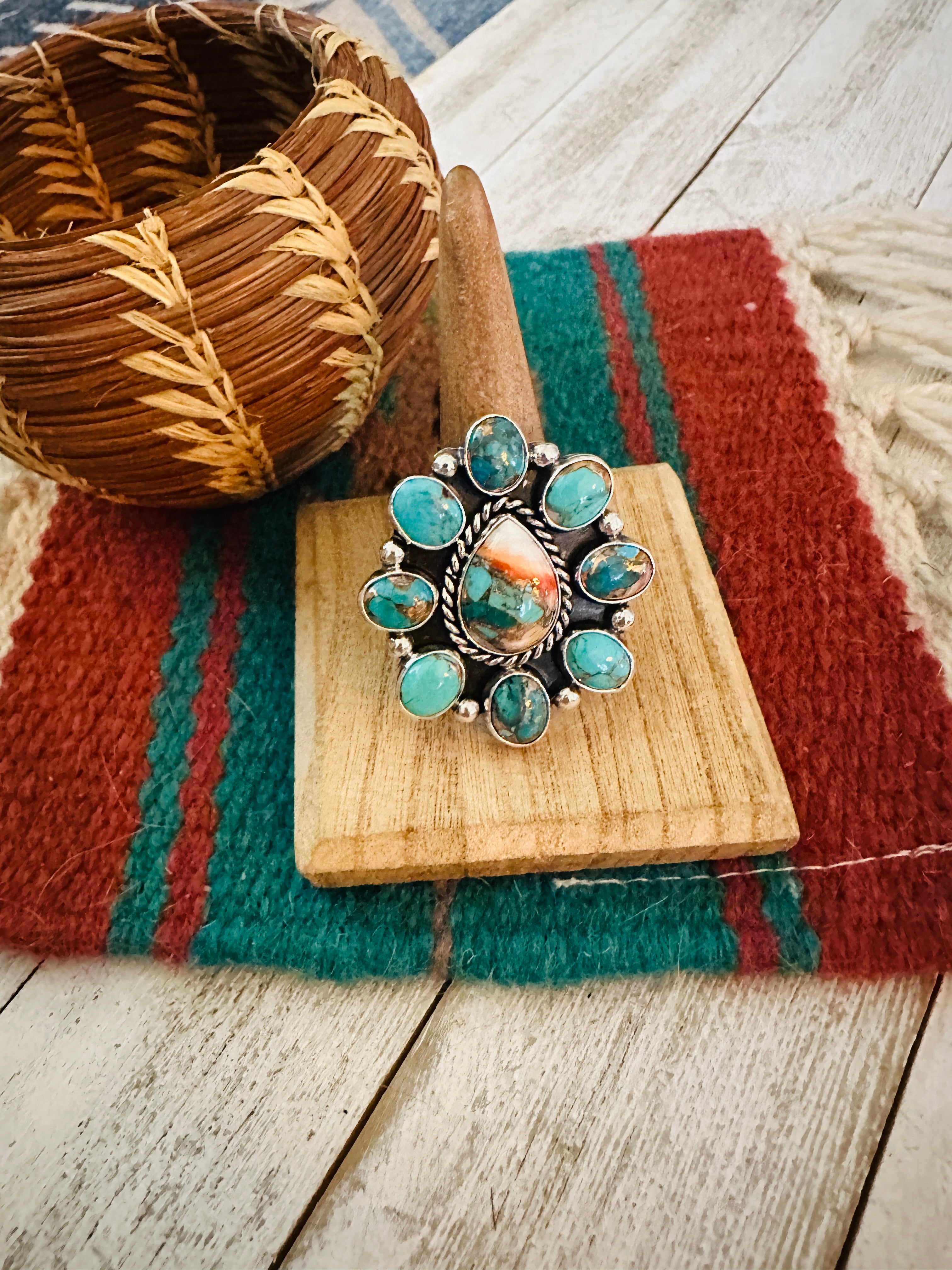 Navajo Sterling Silver & Multi Stone Spice Cluster Adjustable Ring