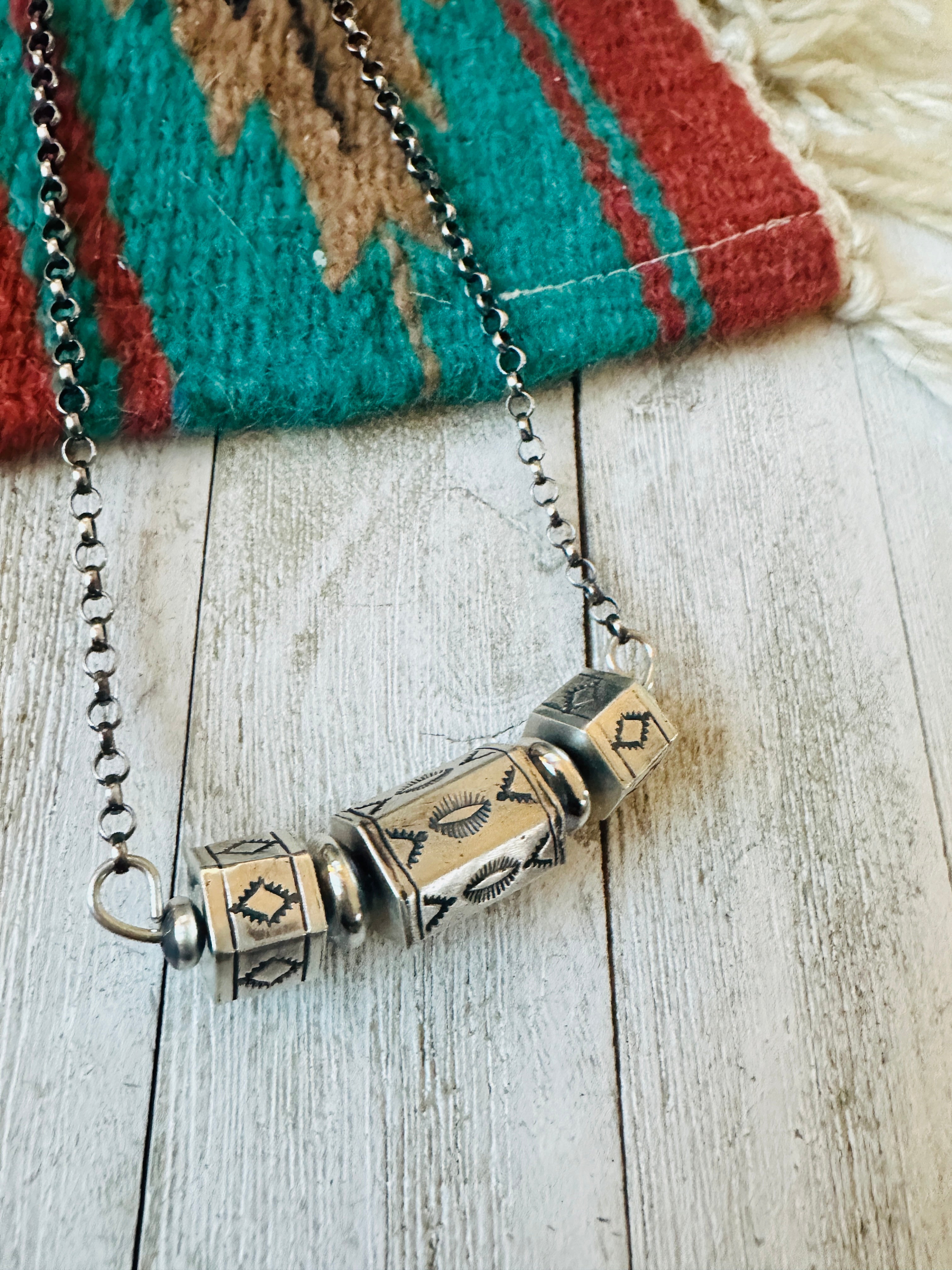 Navajo Hand Stamped Sterling Silver Beaded Chain Necklace