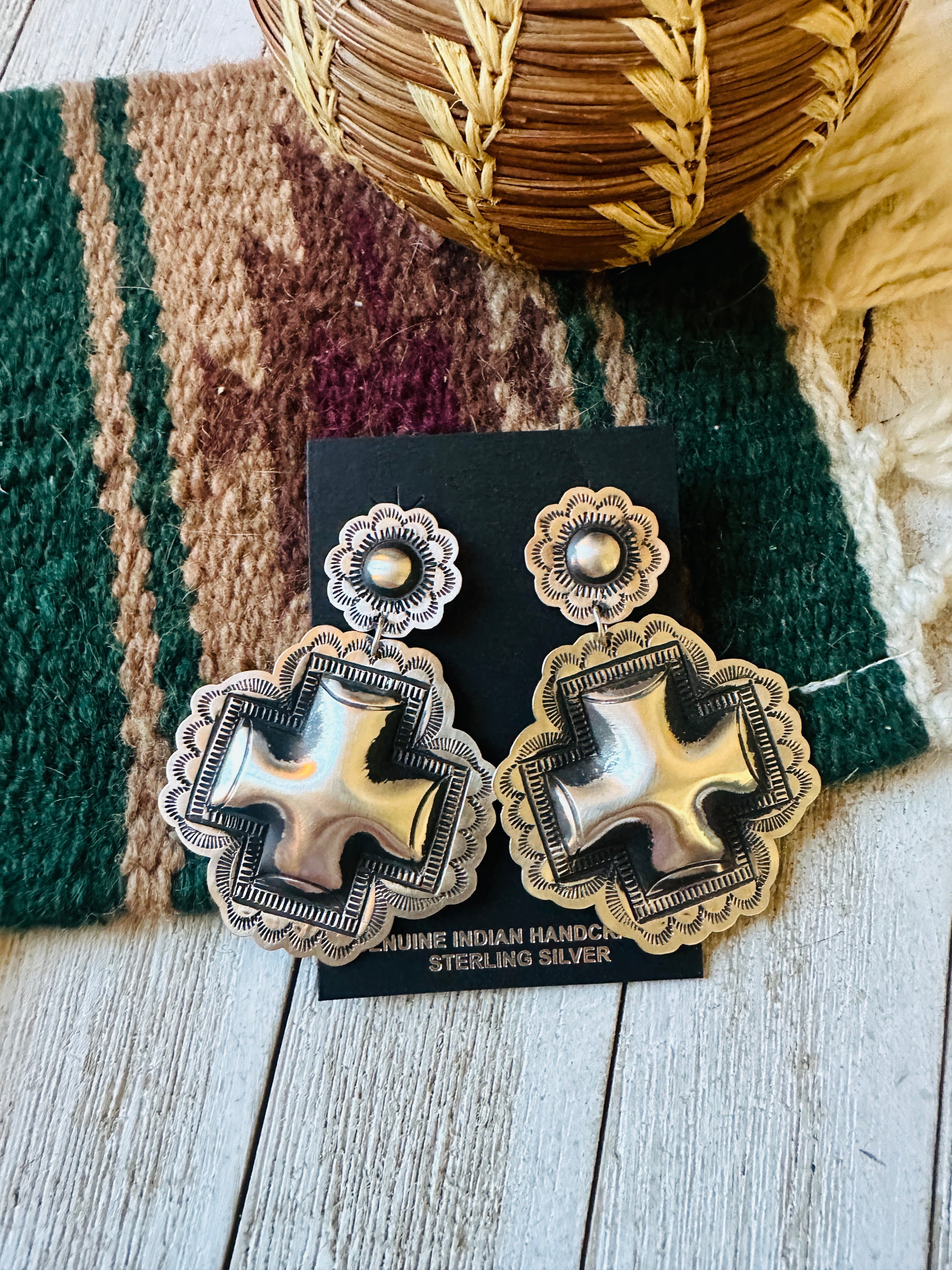 Navajo Hand Stamped Sterling Silver Concho Cross Dangle Earrings by Leander Tahe