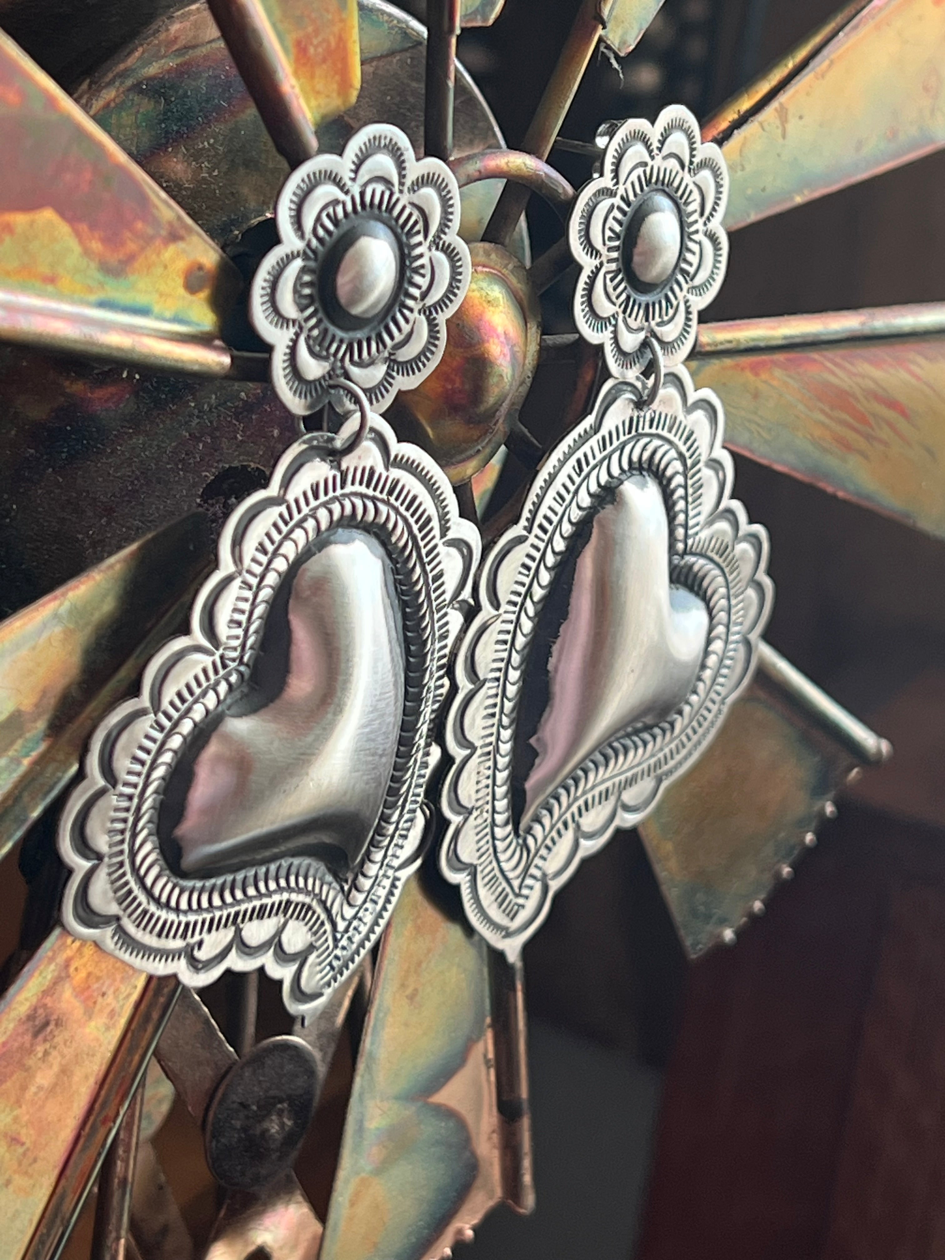 Handcrafted crafted Sterling Silver Stamped Repousse Heart Earrings by Leander Tahe, AH1