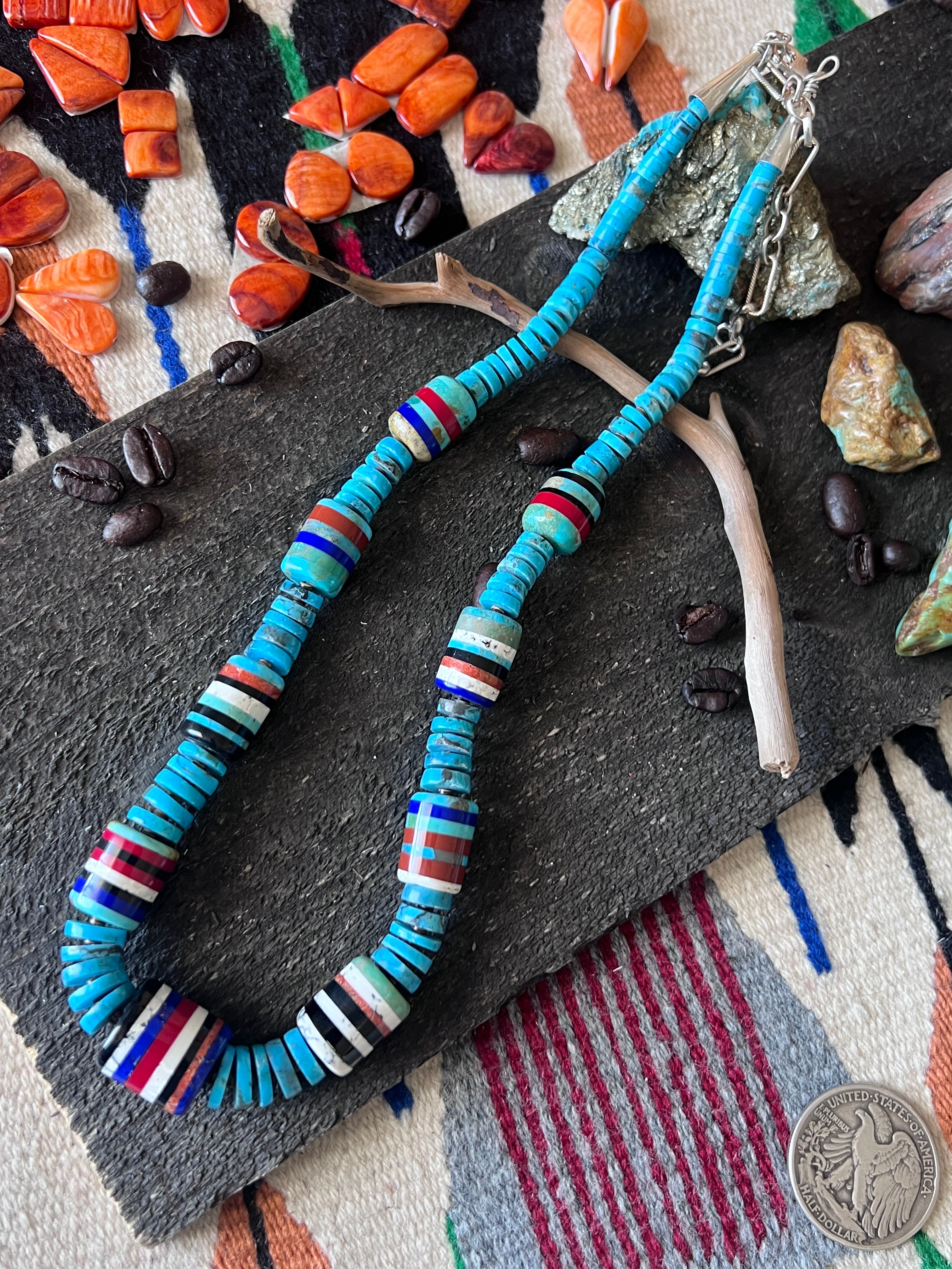 Ronald Chavez Handcrafted Turquoise Heishi Beaded Santo Domingo Neckla