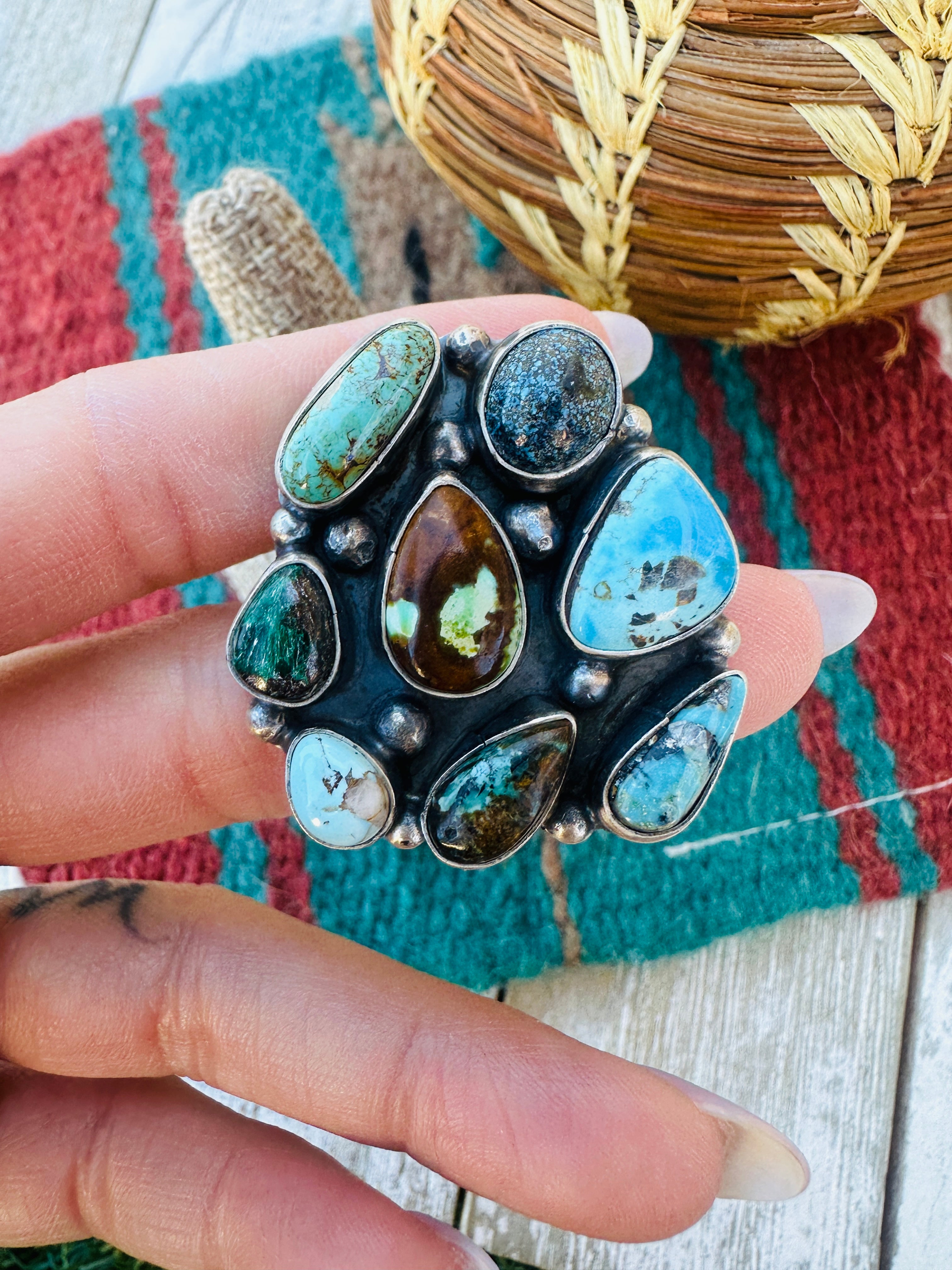 Hand Crafted Multi Turquoise & Sterling Silver Cluster Adjustable Ring by Sheila Becenti