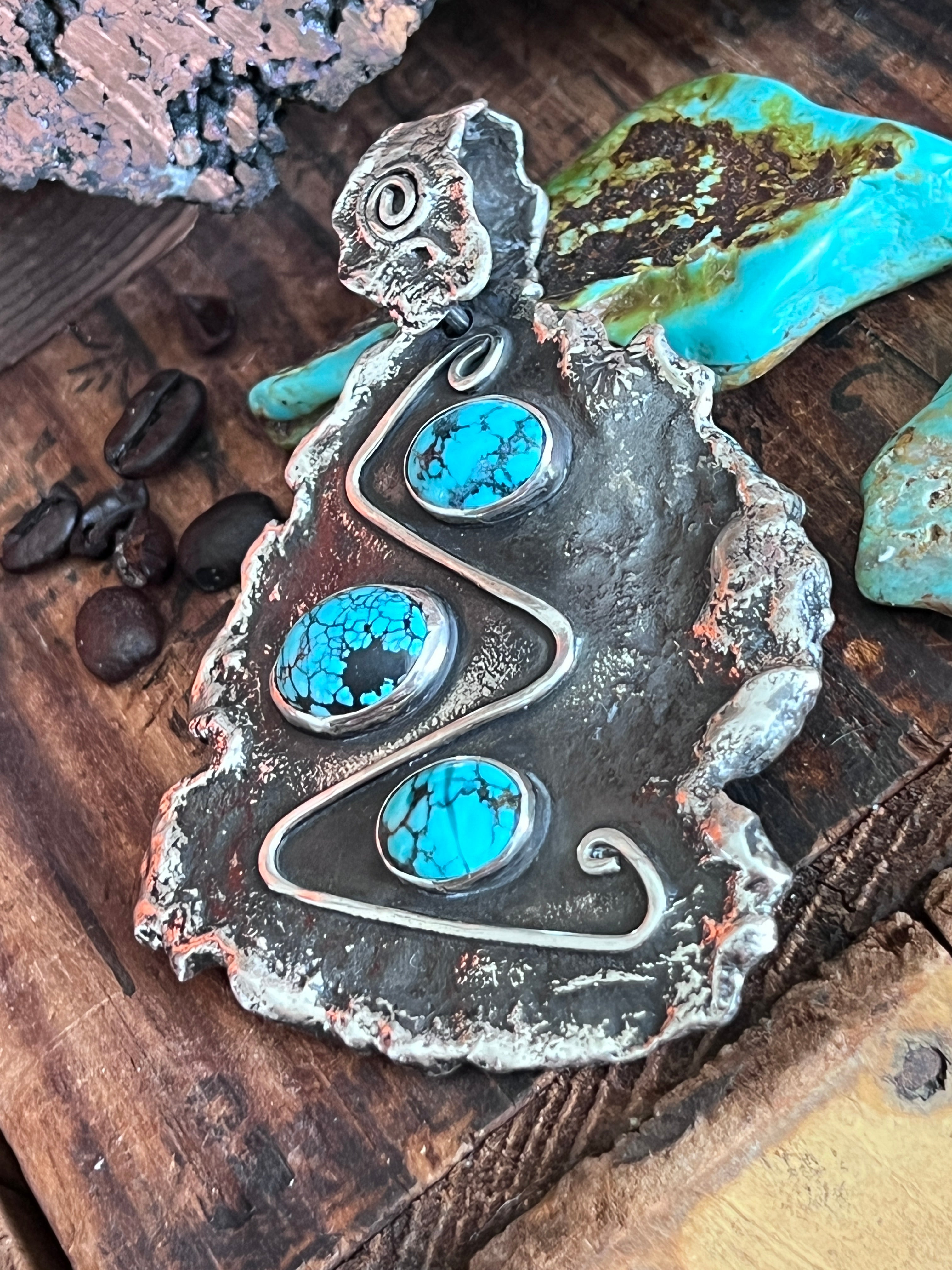 Vintage Artisan Sterling Silver and Turquoise Brutalist Style Pendant Signed Sandee Kelly