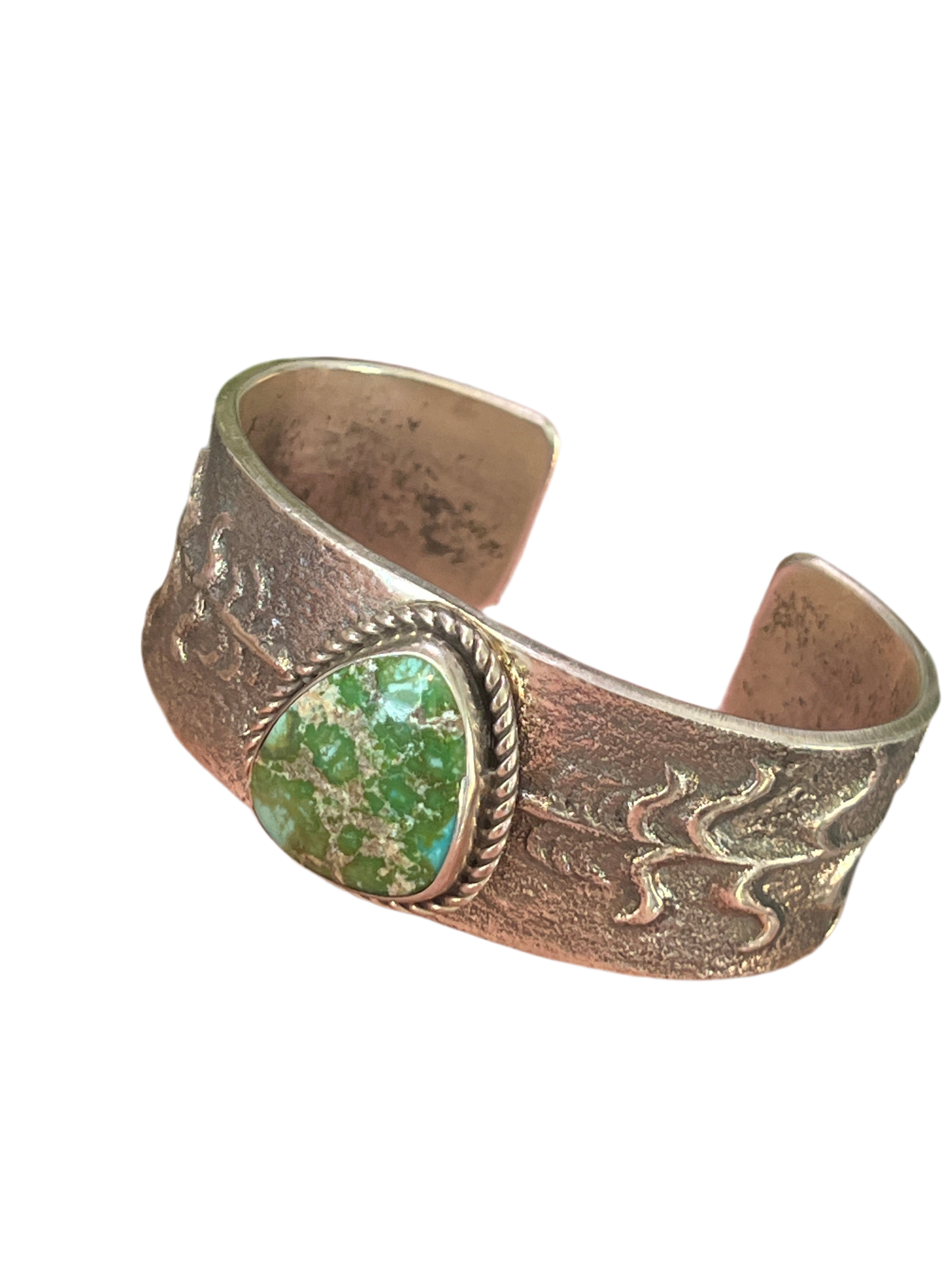 Handcrafted Sterling Silver Tufa Cast Corn Stalk Cuff with Sonoran Gold Turquoise by Gary Custer