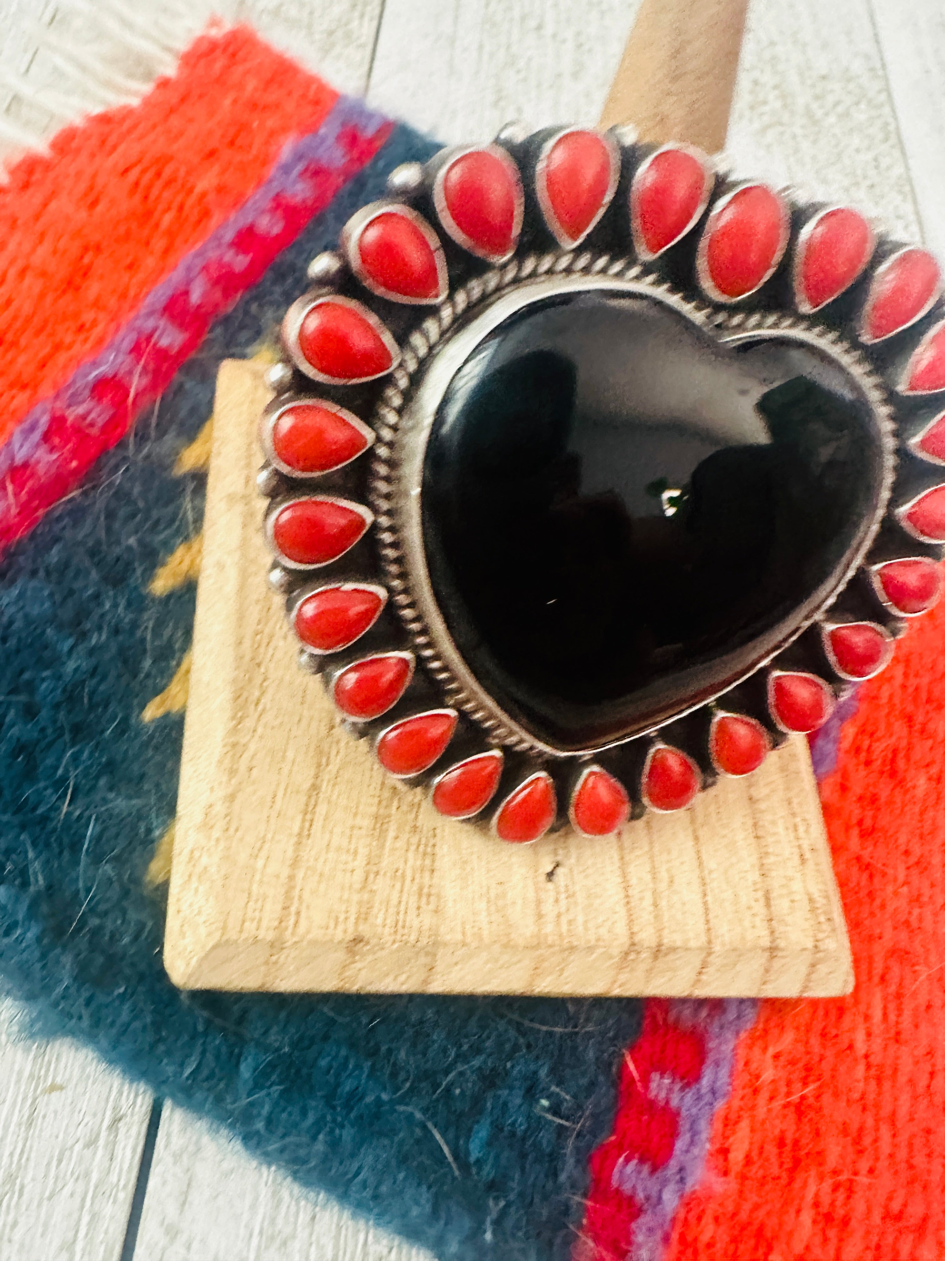 Navajo Sterling Silver, Onyx & Coral Heart Adjustable Ring