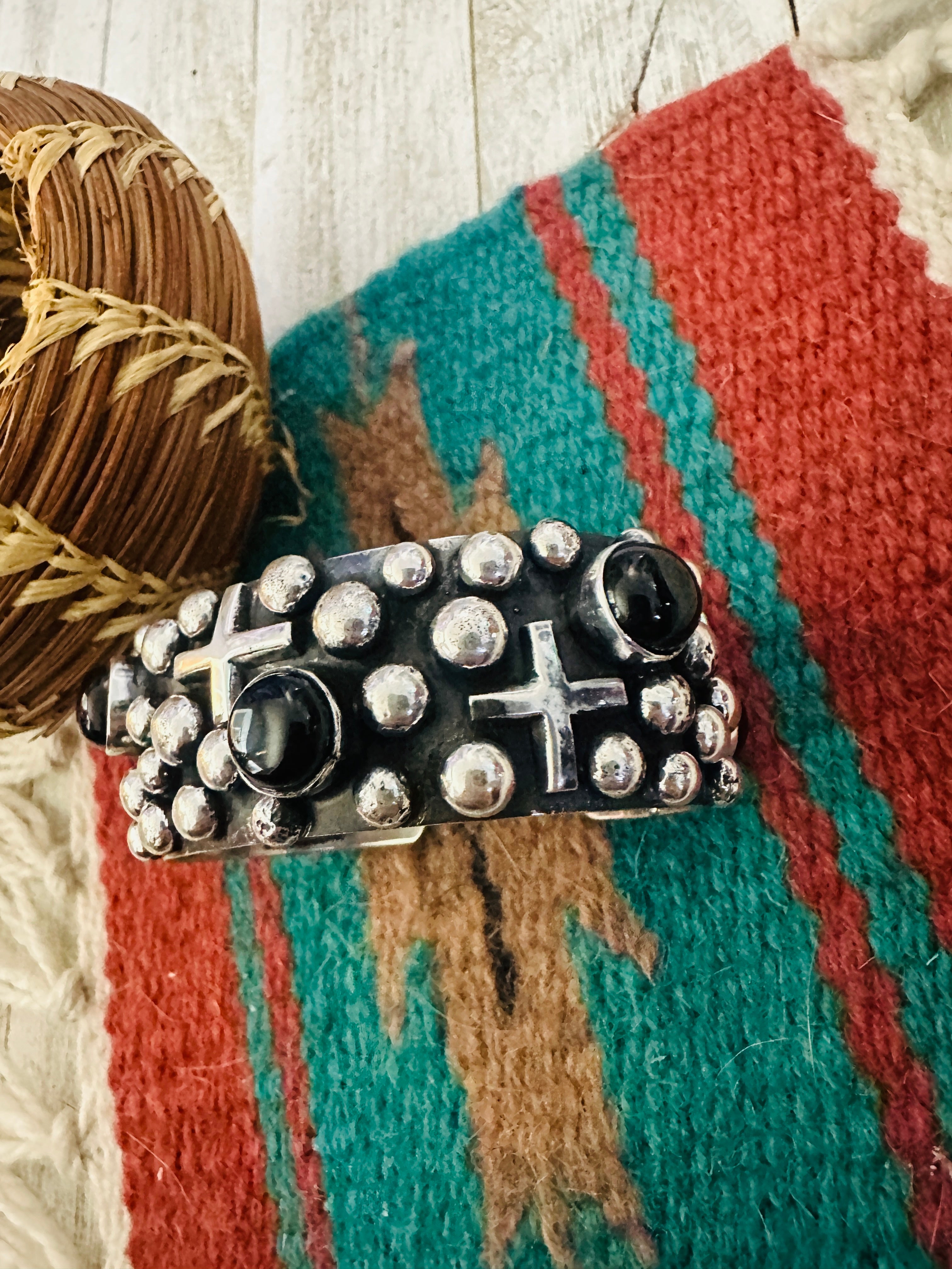 Handcrafted Onyx & Sterling Silver Cross Cuff Bracelet by Chimney Butte