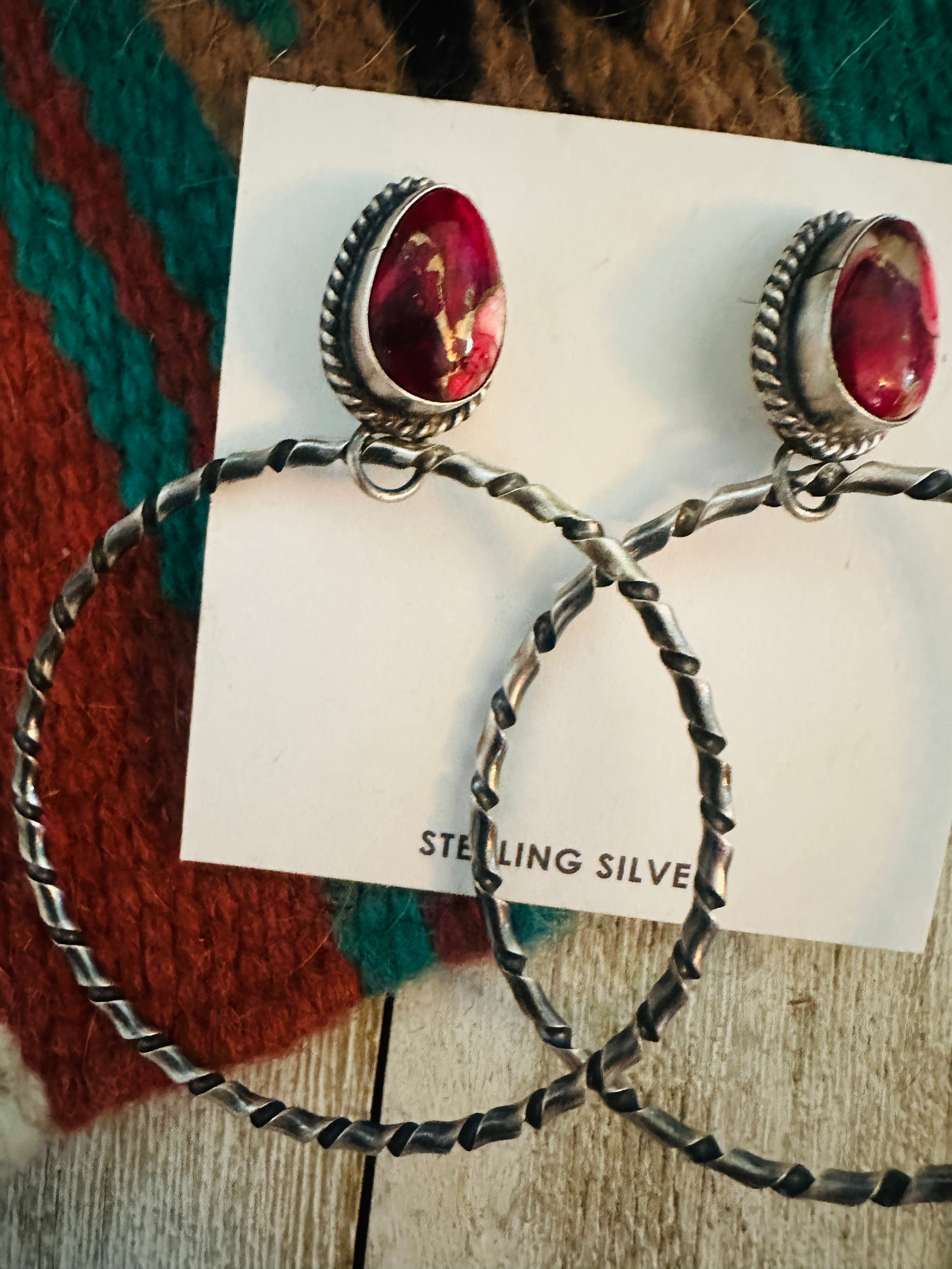 Navajo Rose Dahlia and Sterling Silver Dangle Hoop Earrings