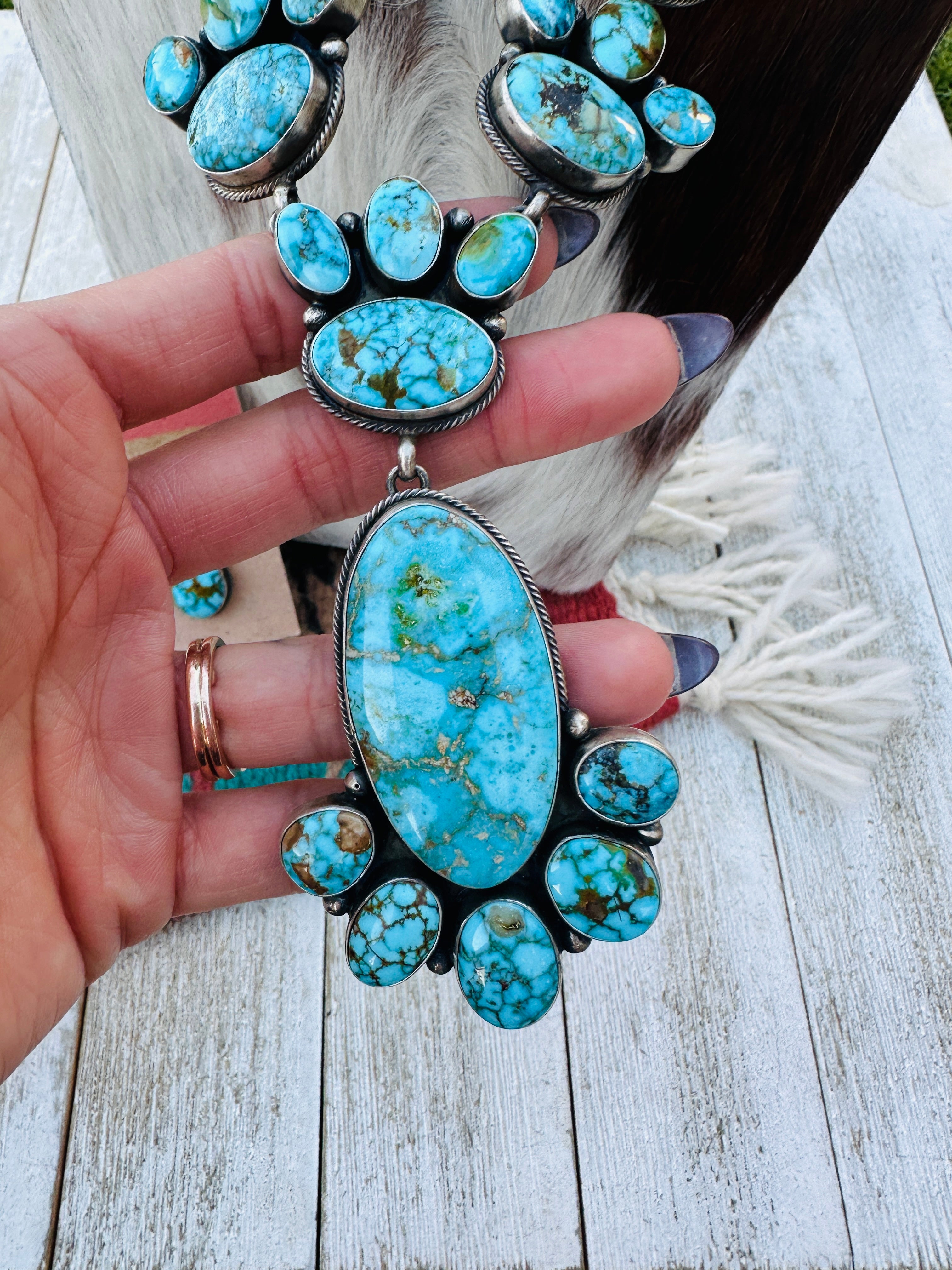 Handcrafted Kingman Web Turquoise & Sterling Silver Necklace and Earring Set