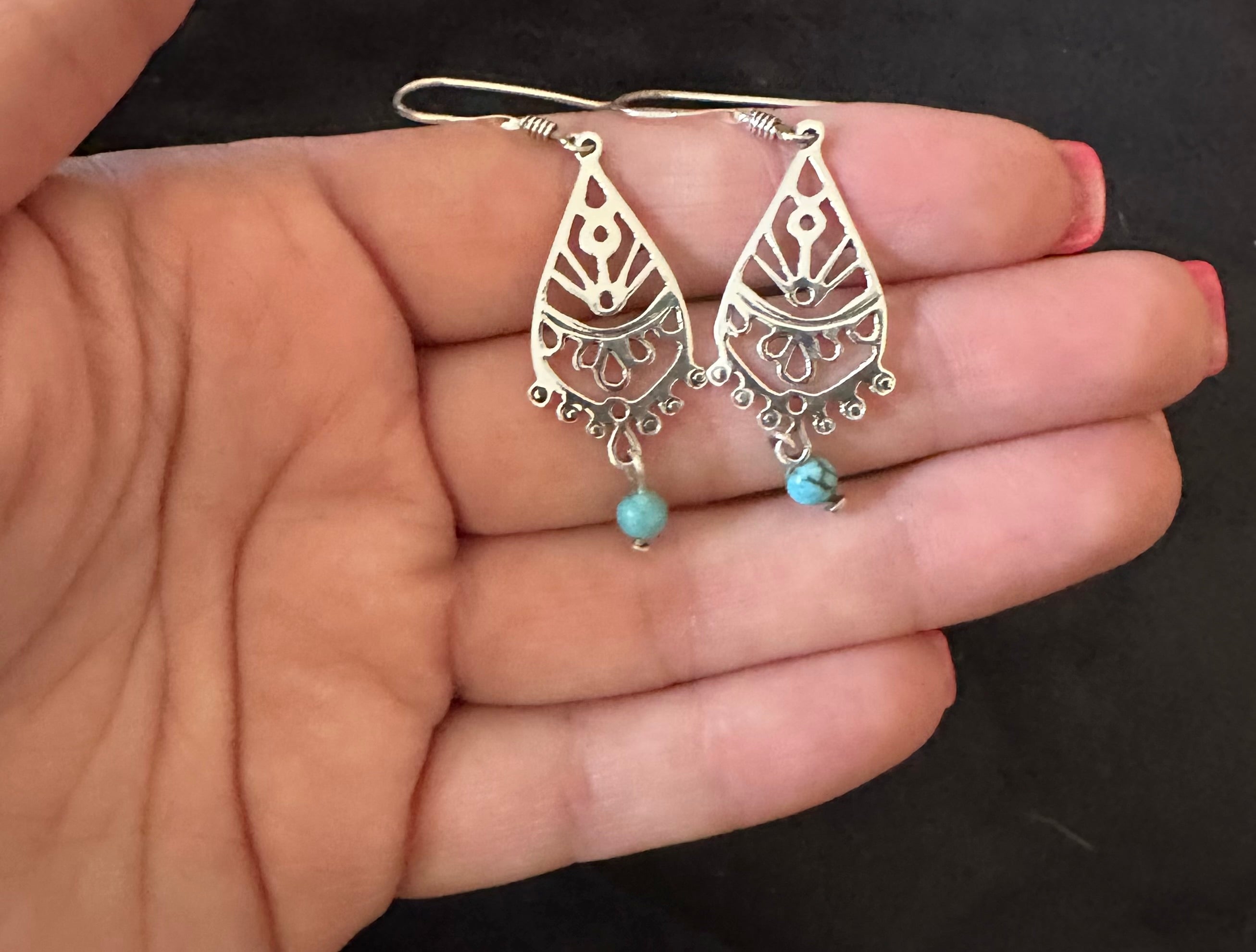 Ornate Teardrop Earrings w/ Turquoise Bead