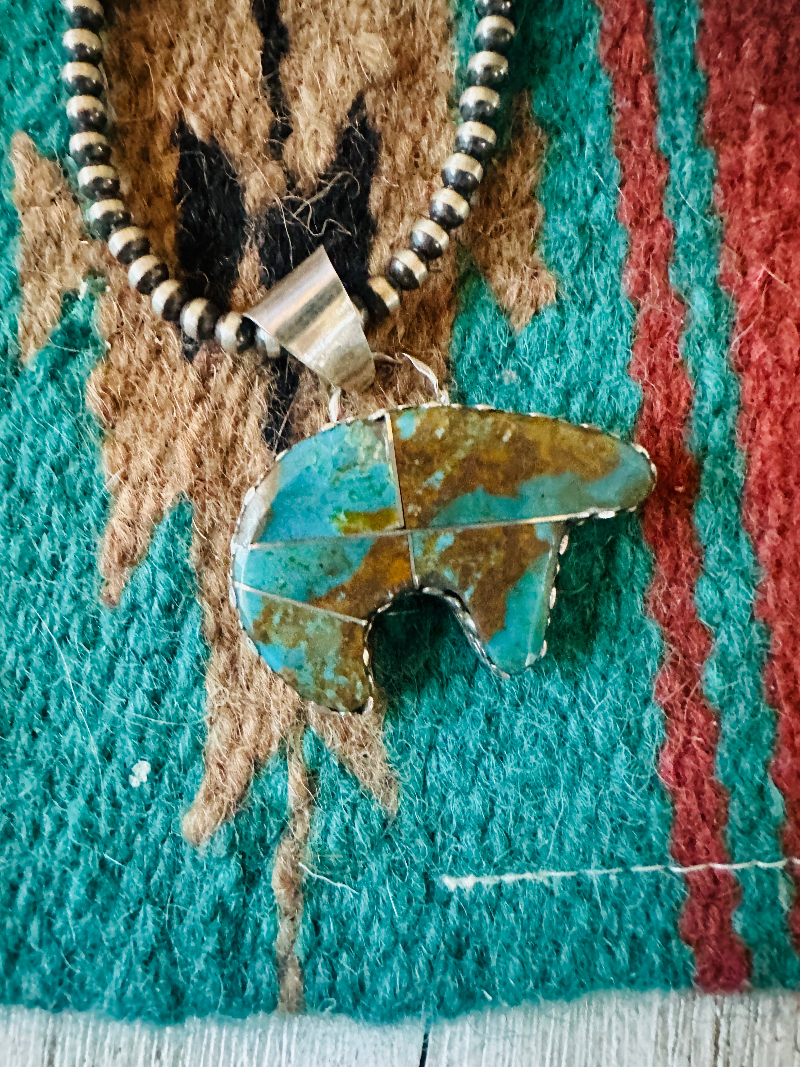 Navajo Turquoise & Sterling Silver Inlay Fetish Bear Pendant