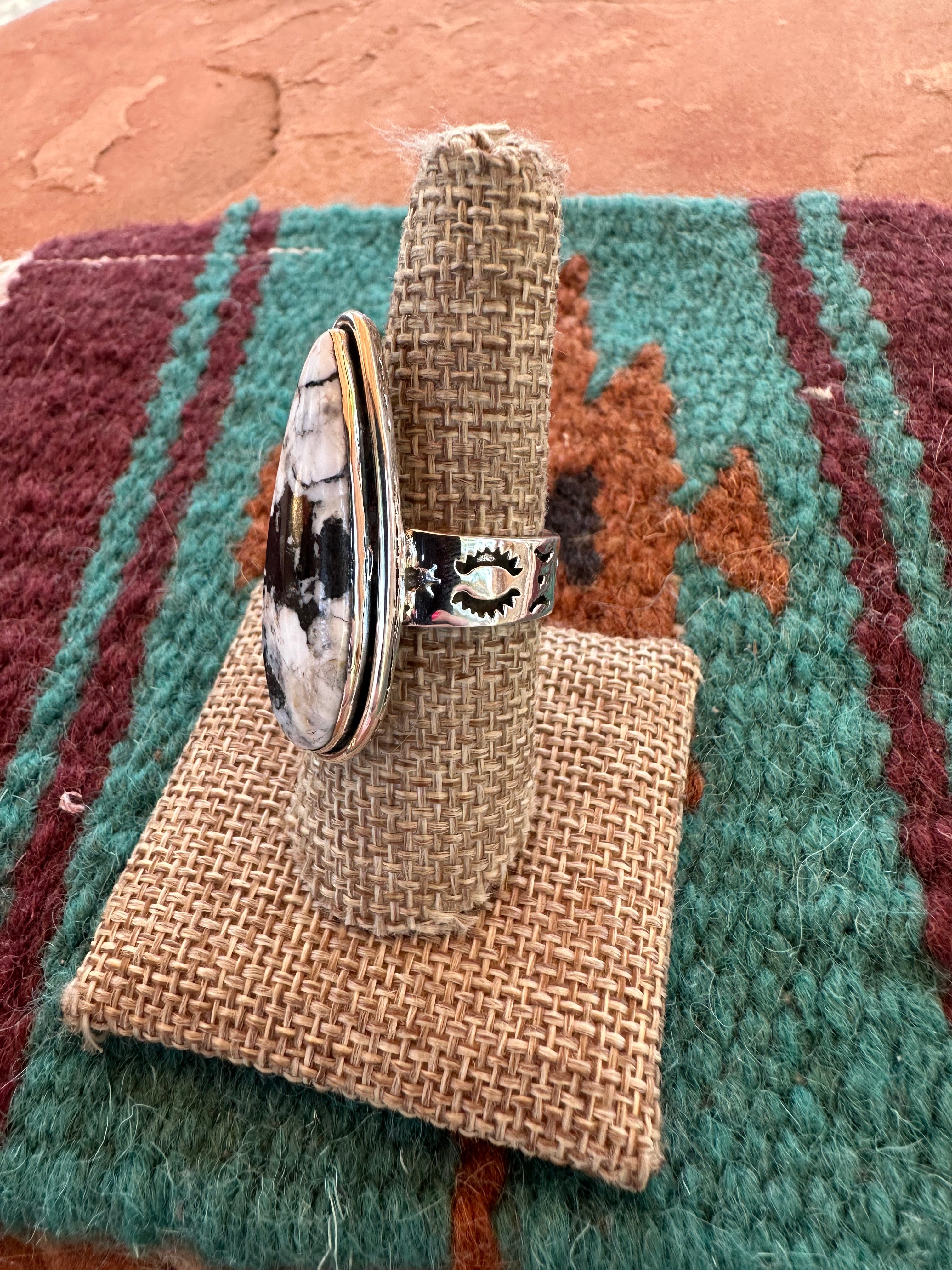 Handmade White Buffalo & Sterling Silver Adjustable Ring Signed Nizhoni