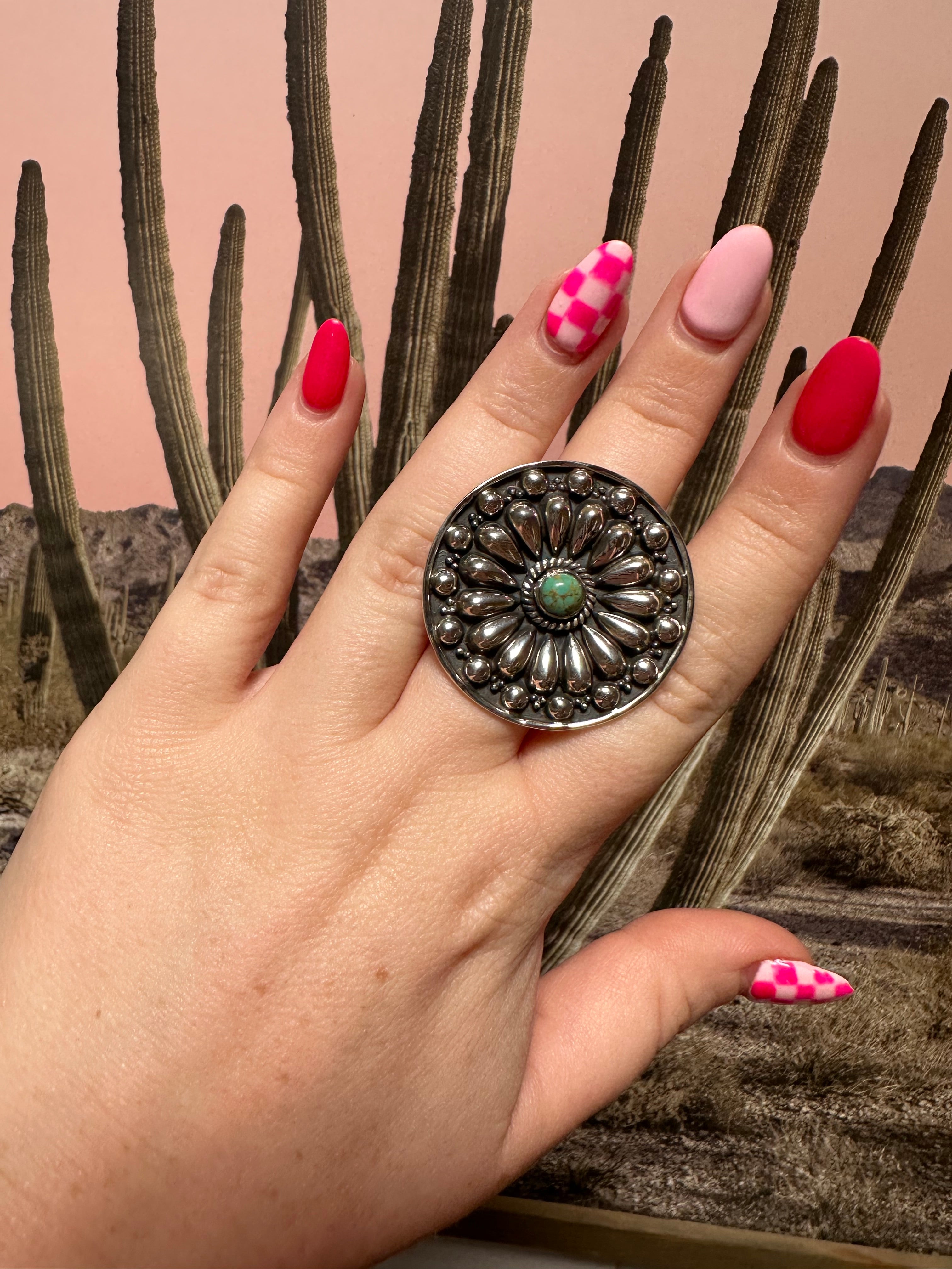 Beautiful Concho Handmade Turquoise And Sterling Silver Adjustable Ring