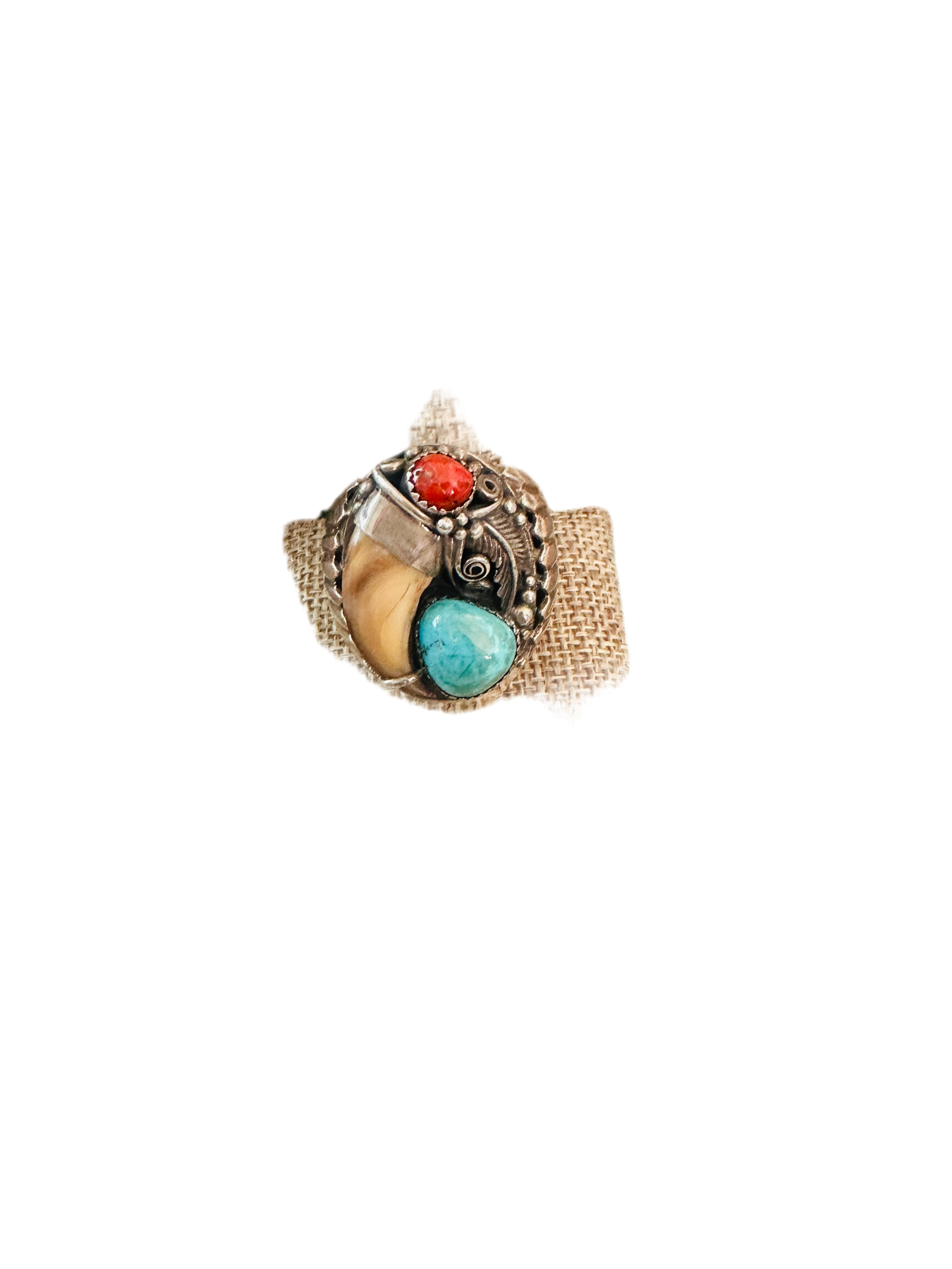 Handcrafted Old Pawn  Sterling Silver, Turquoise & Coral Claw Ring Size 11.5