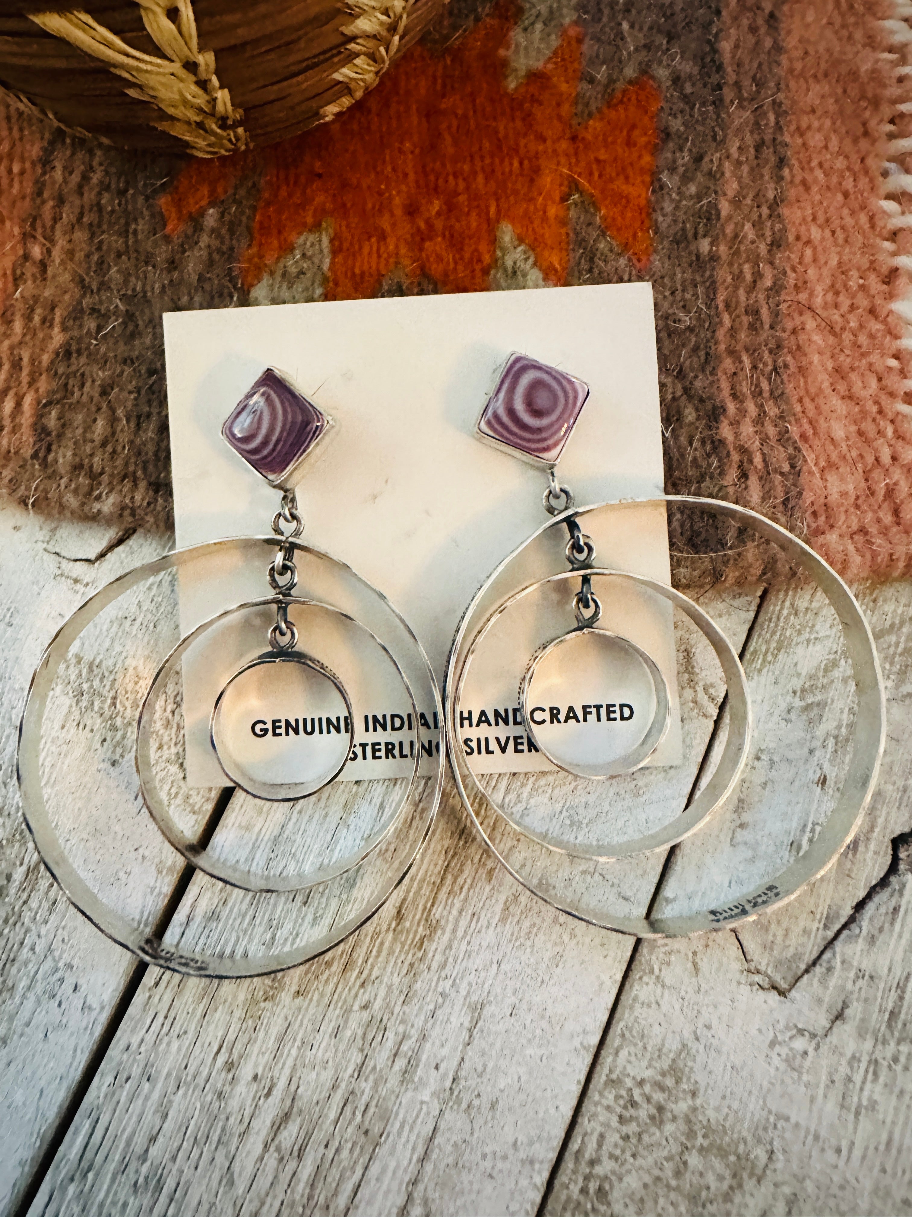 Navajo Sterling Silver & Charoite Dangle Hoop Earrings