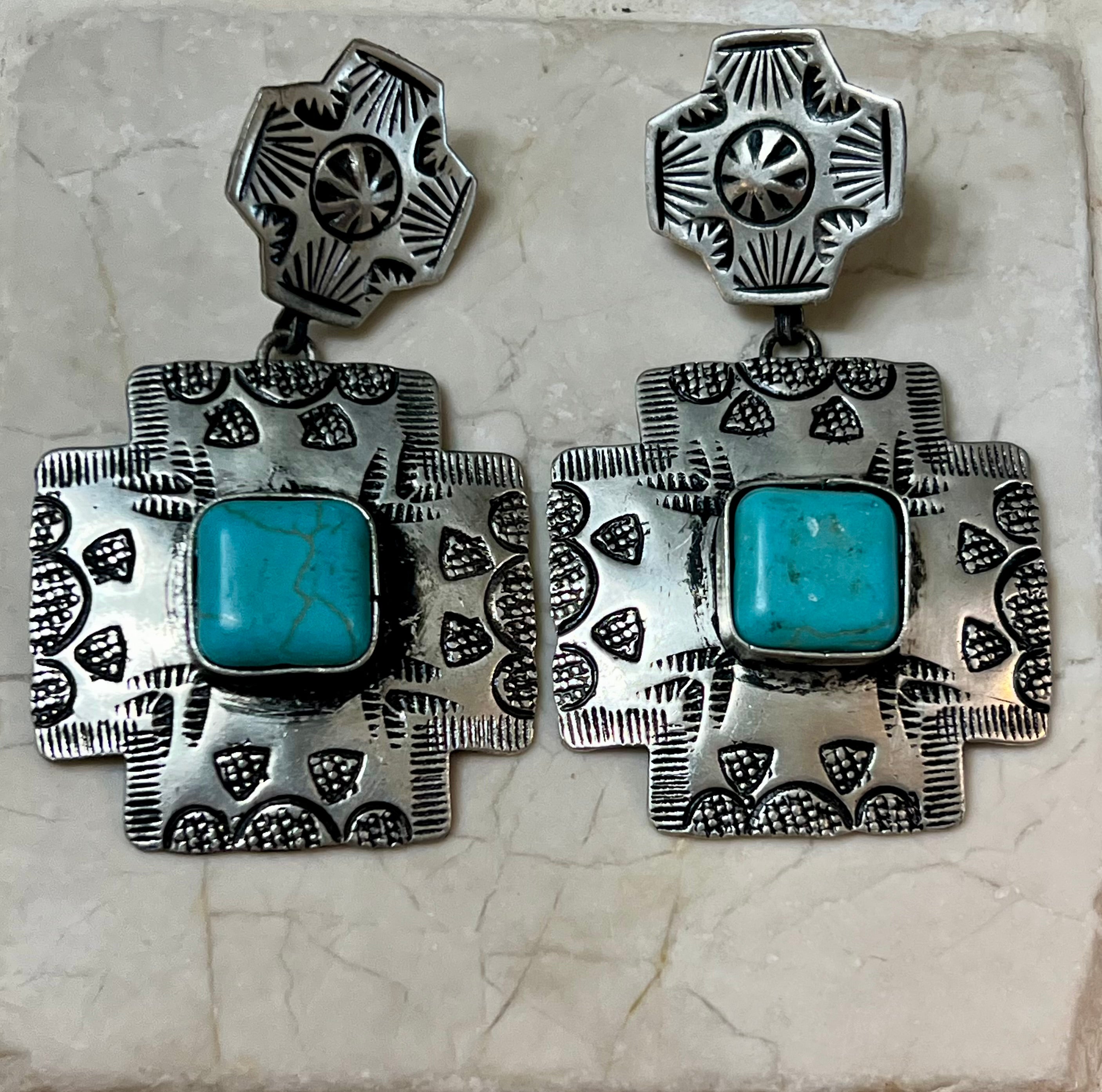 Silver-Plated Cross Engraved Earrings with Blue Accent