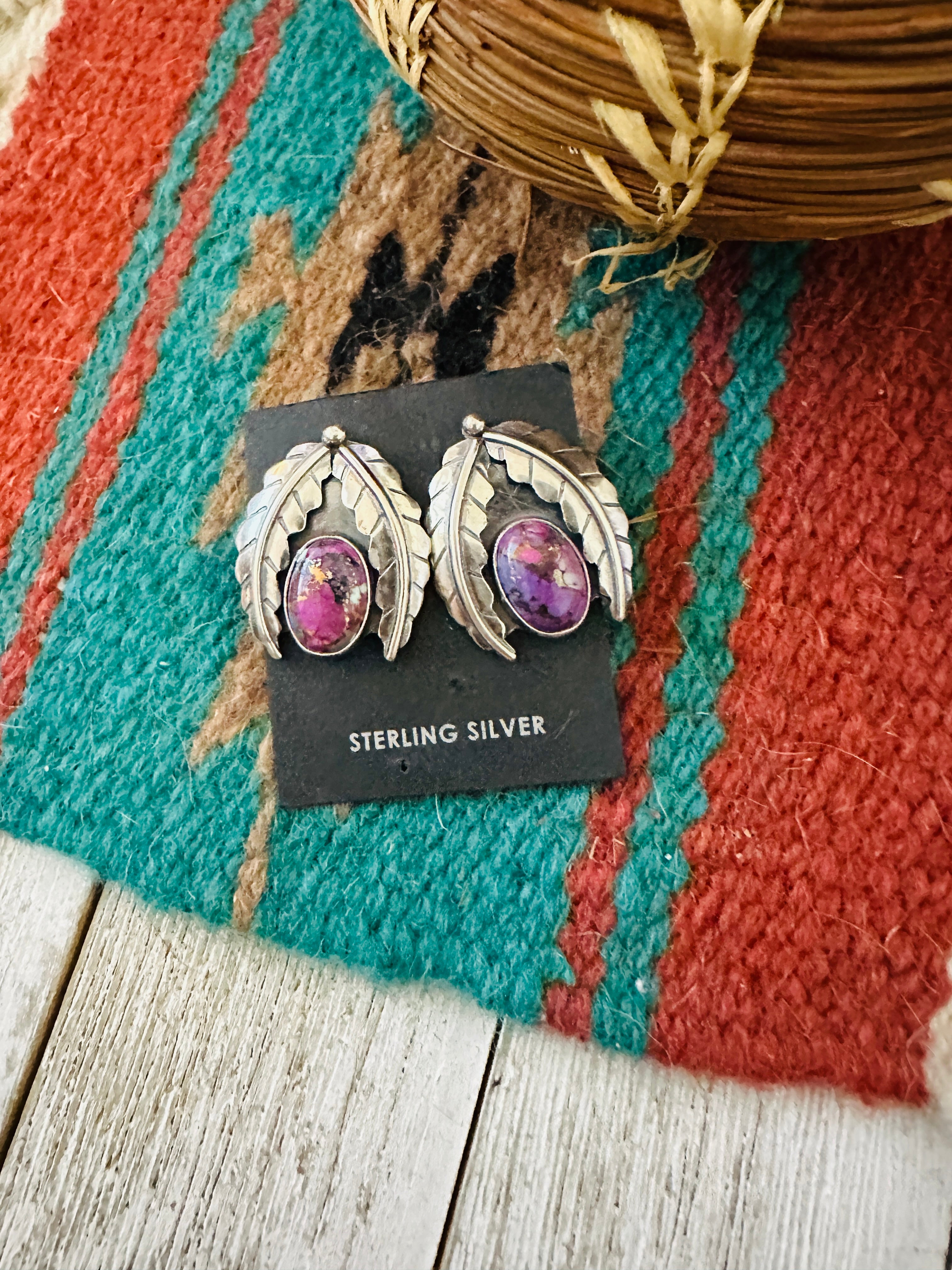 Navajo Pink Mojave & Sterling Silver Leaf Post Earrings