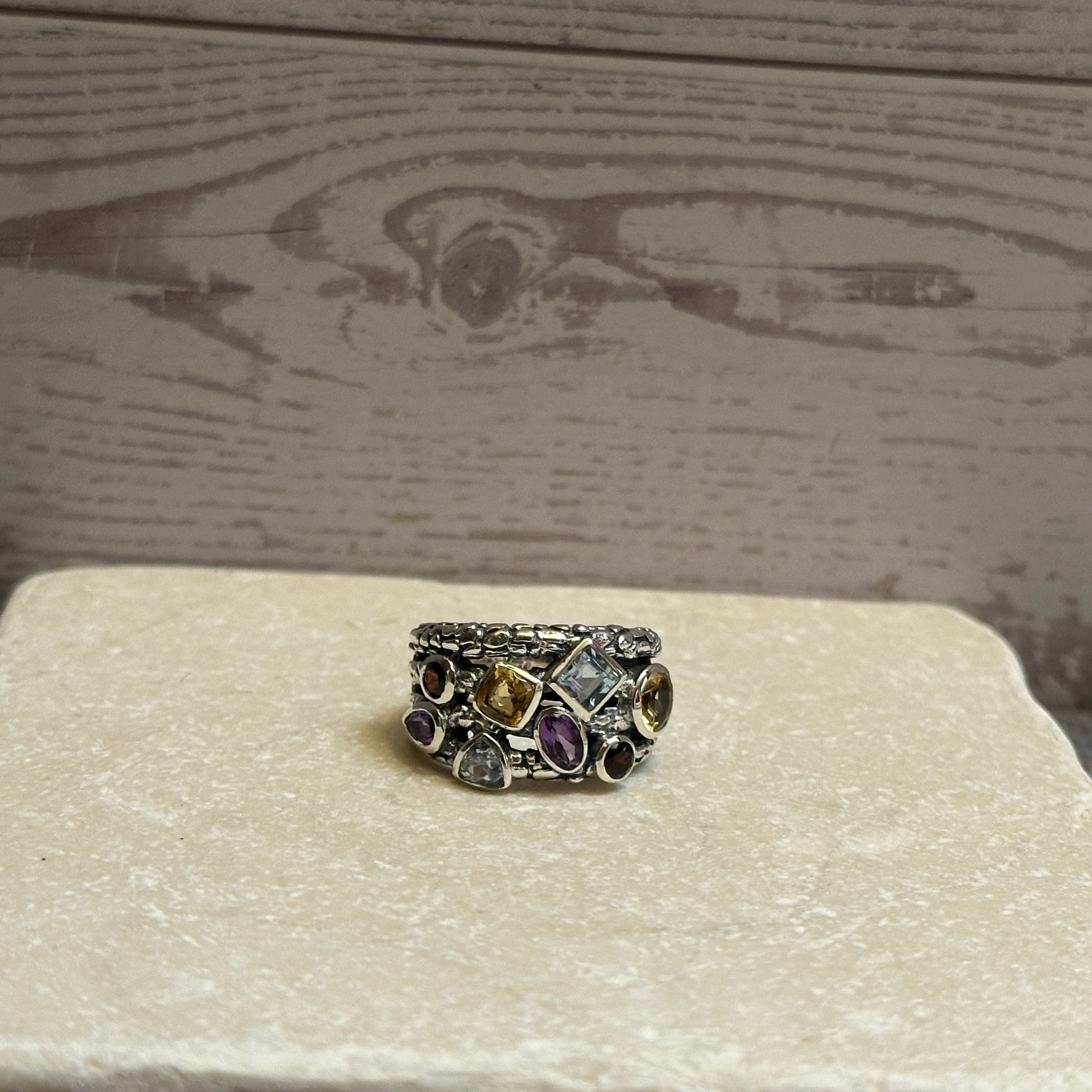 Sterling Silver Amethyst, Blue Topaz, Citrine, & Garnet Ring Size 6.5