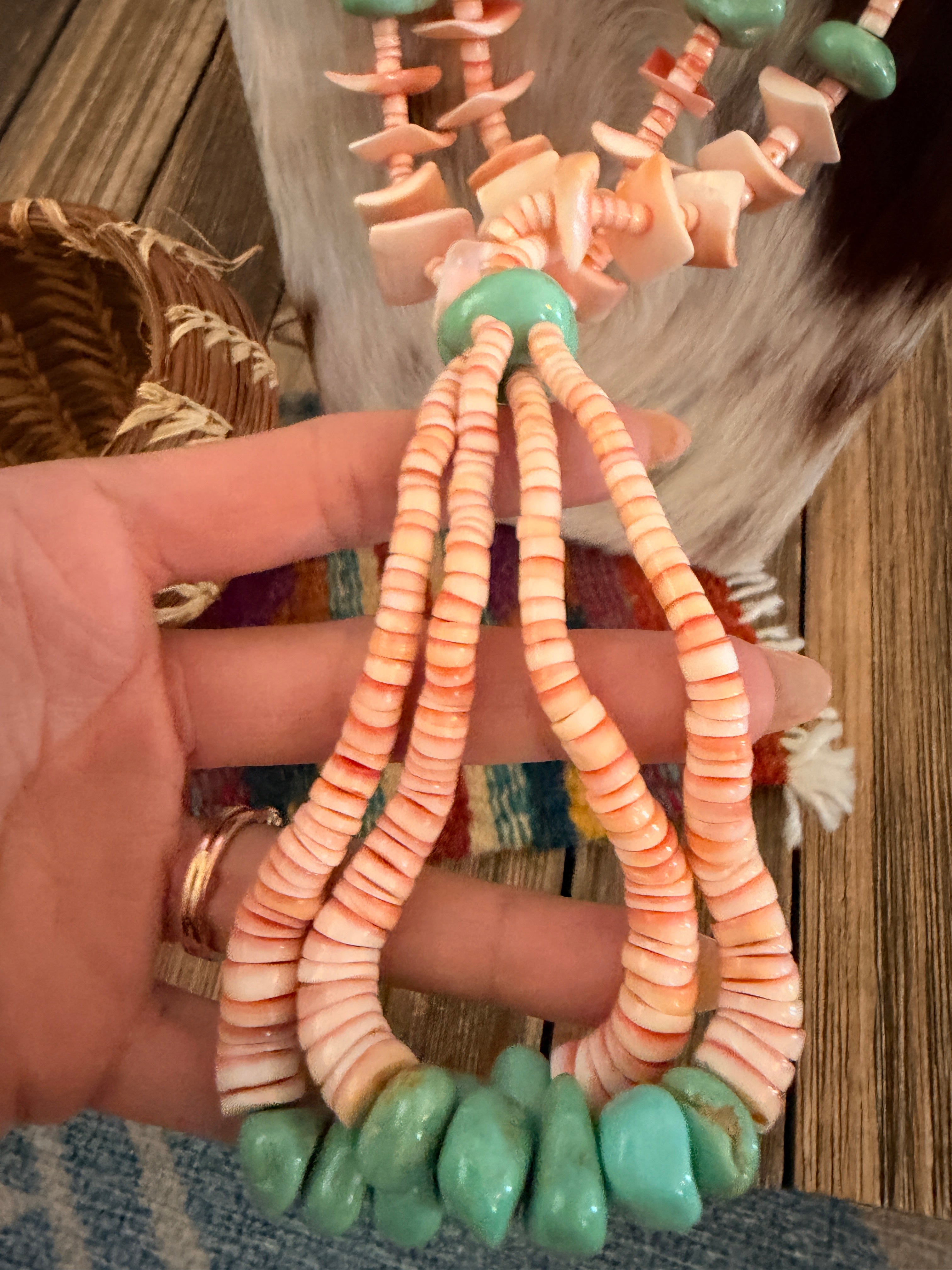 Old Pawn Handcrafted Turquoise & Spiny Oyster Heishi Beaded 28” Jacla Necklace